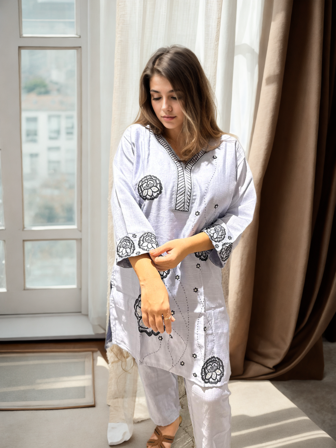 Zoya Bloom Embroidered Coord Set – Veticaan Fabric (Lilac Petal & Mist Blue)