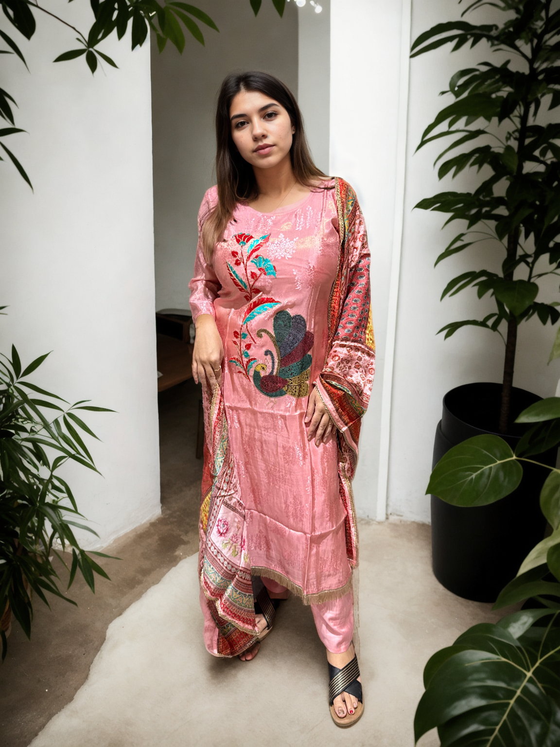 Pink Jacquard Suit with Digital Peacock Embroidery | Signature Collection