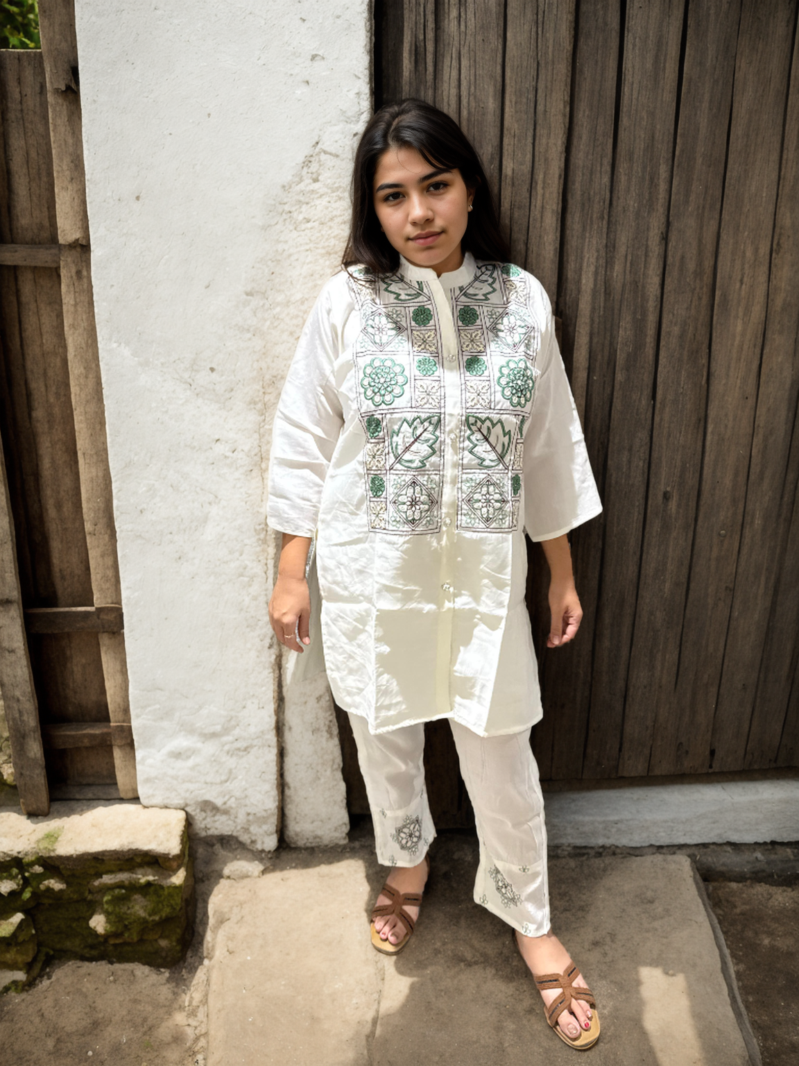 Floral Tile Embroidered Co-ord Set in Roman Silk