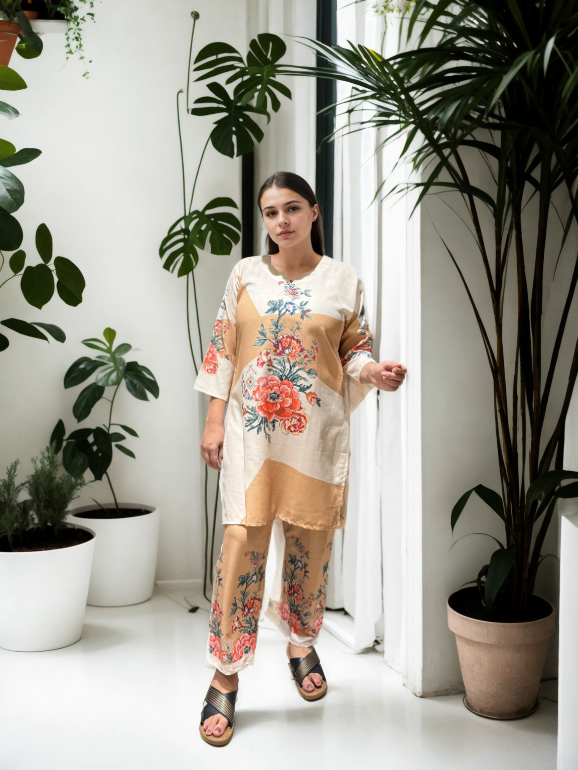 Beige & Ivory Floral Printed Cotton Coord Set