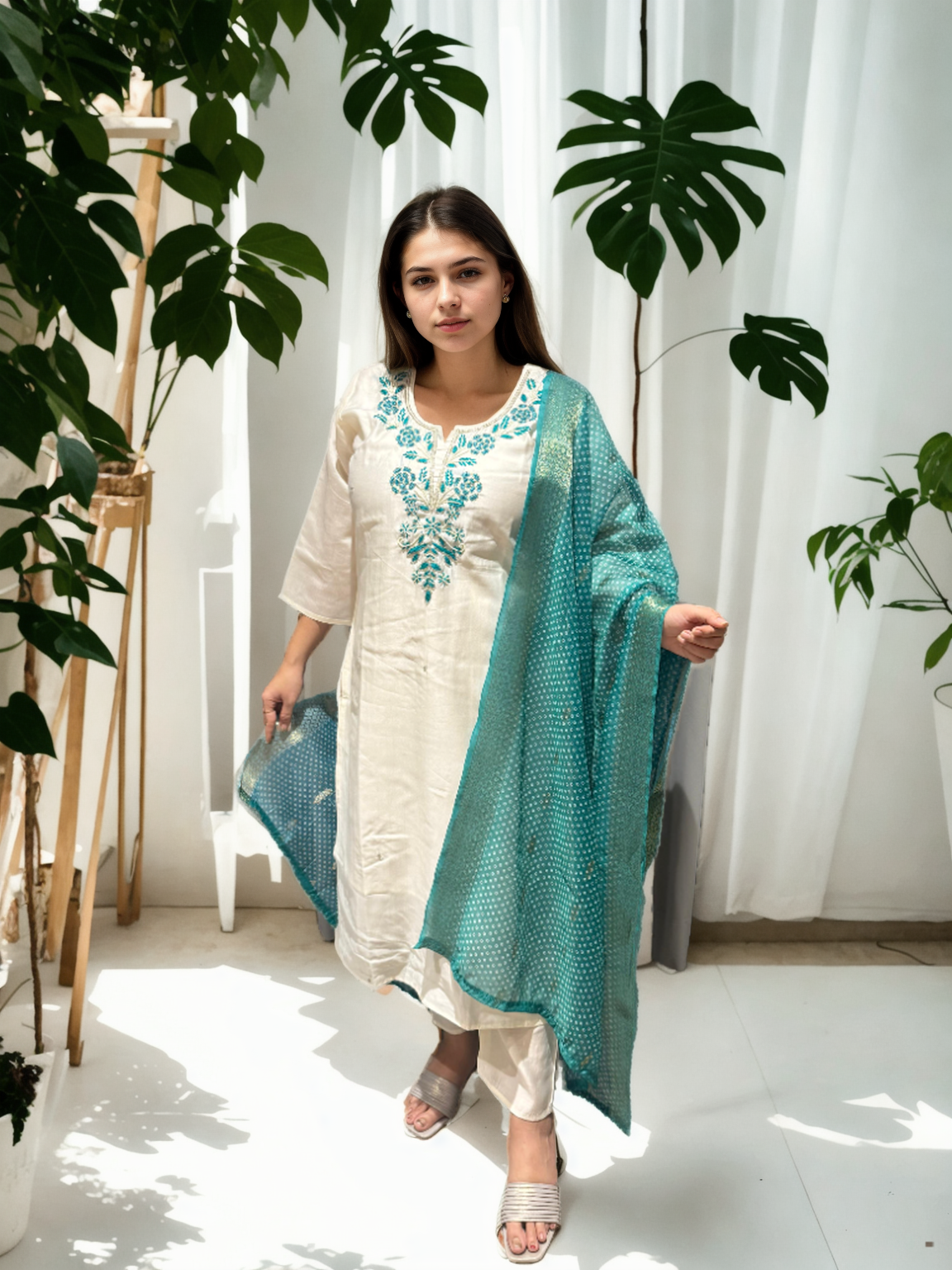 Roman Silk Handwork Suit Set with Bandhani Organza Dupatta (M to 5XL)