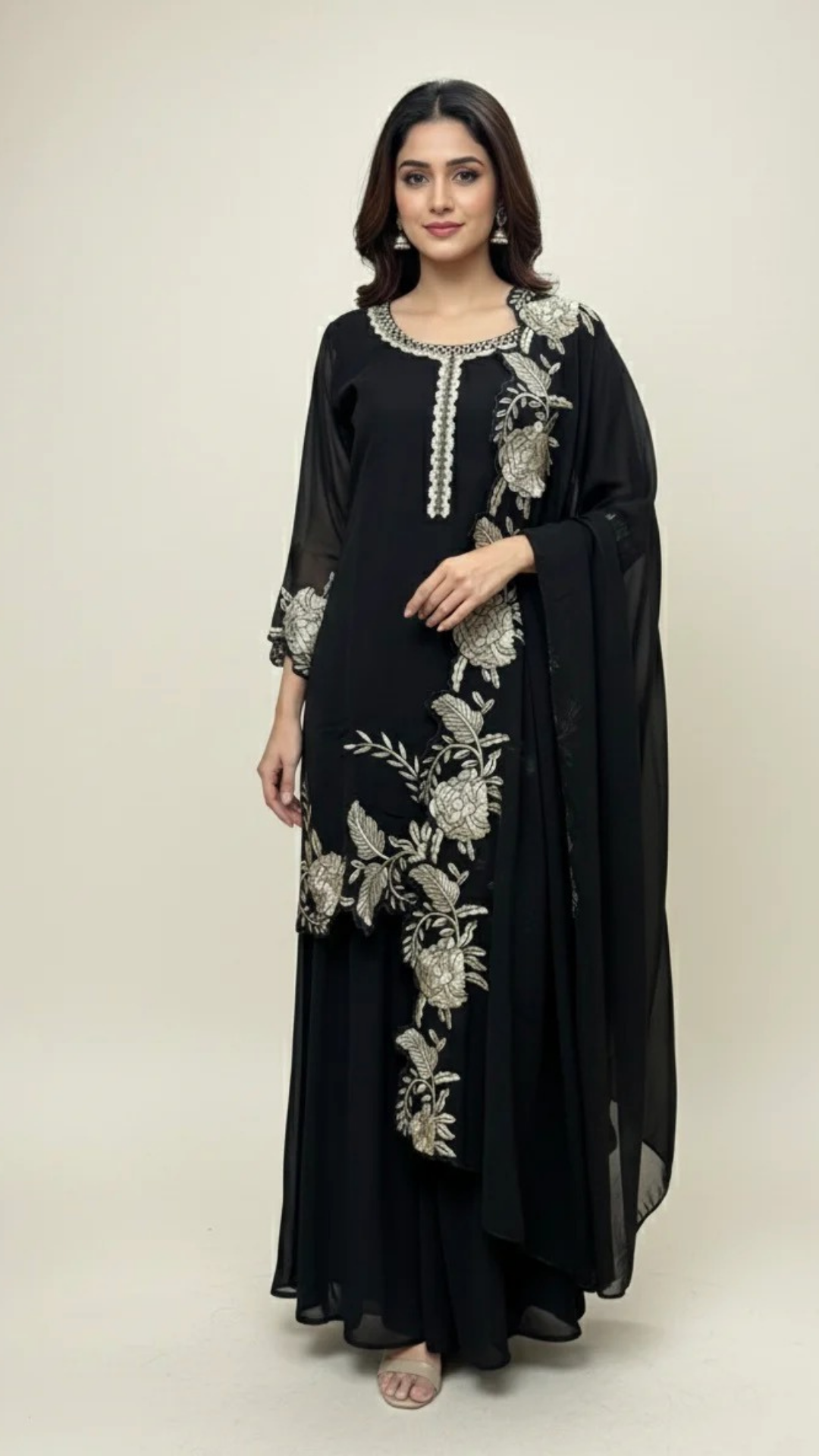 Black Georgette Embroidered Kurta Palazzo Set with Cutwork Dupatta