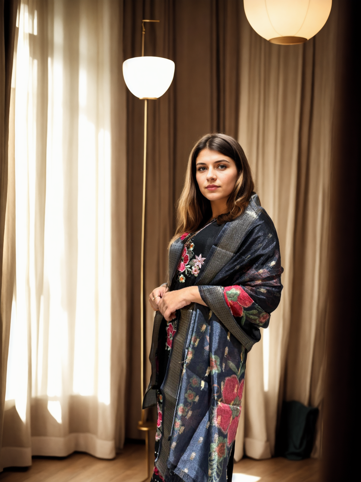 Black Roman Silk Suit with Hand Embroidery & Shimmer Checkered Dupatta
