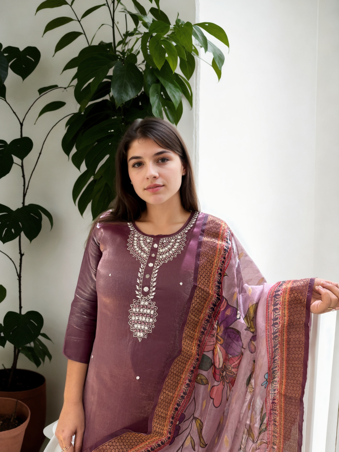 Royal Radiance: Mirror-Work Suit with Floral Digital Dupatta