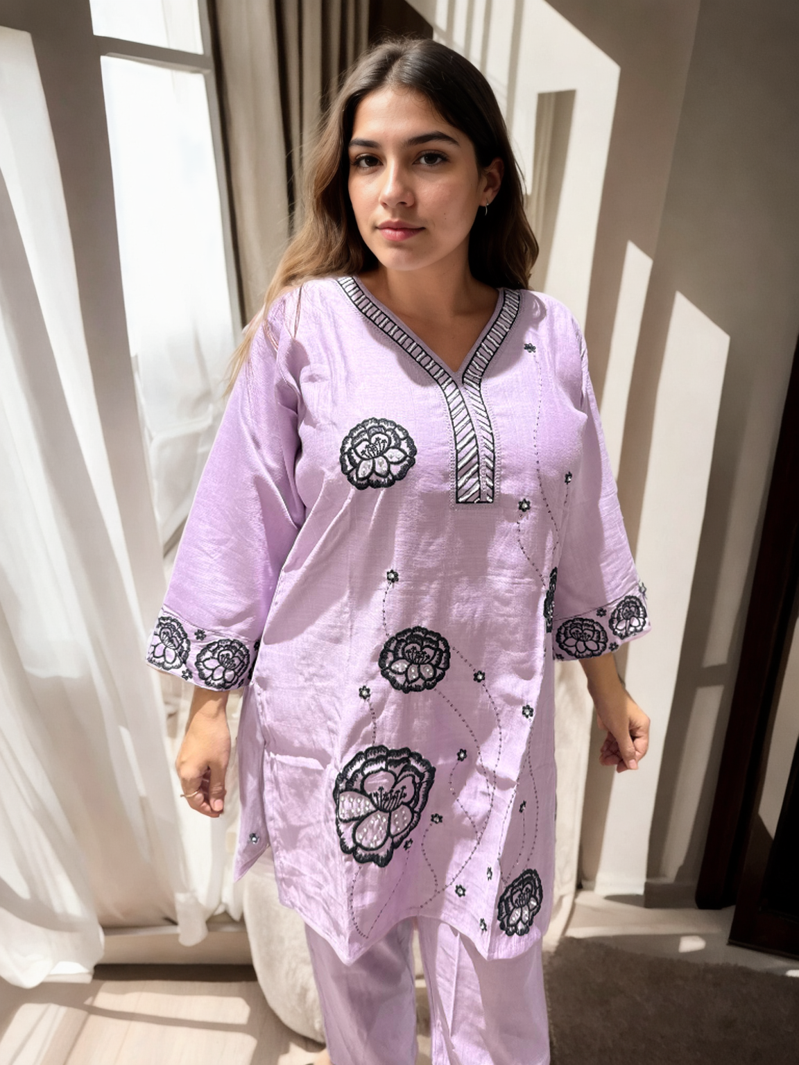 Zoya Bloom Embroidered Coord Set – Veticaan Fabric (Lilac Petal & Mist Blue)