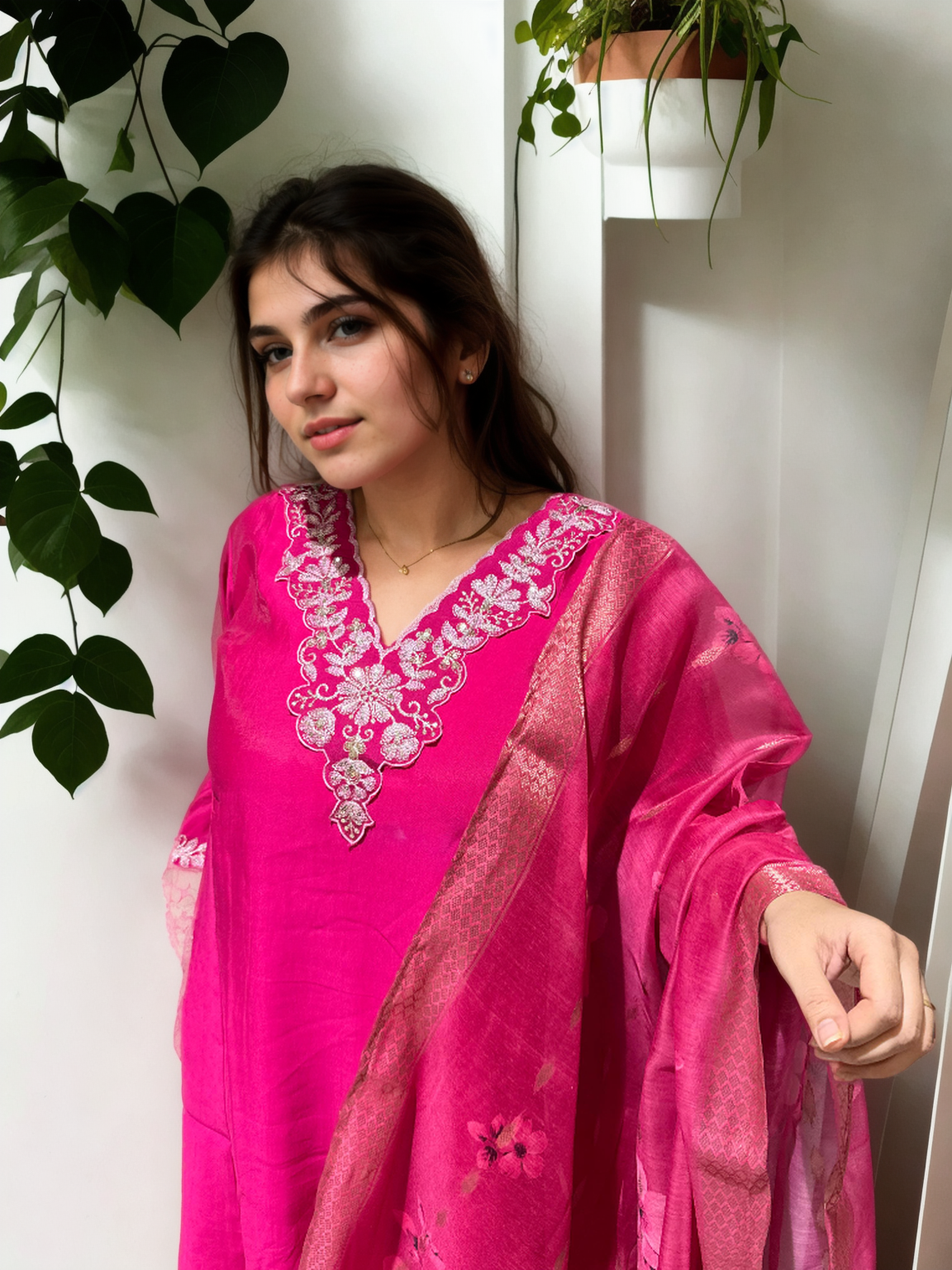 A-Line Suit Set with Chanderi Dupatta & Hand Embroidery