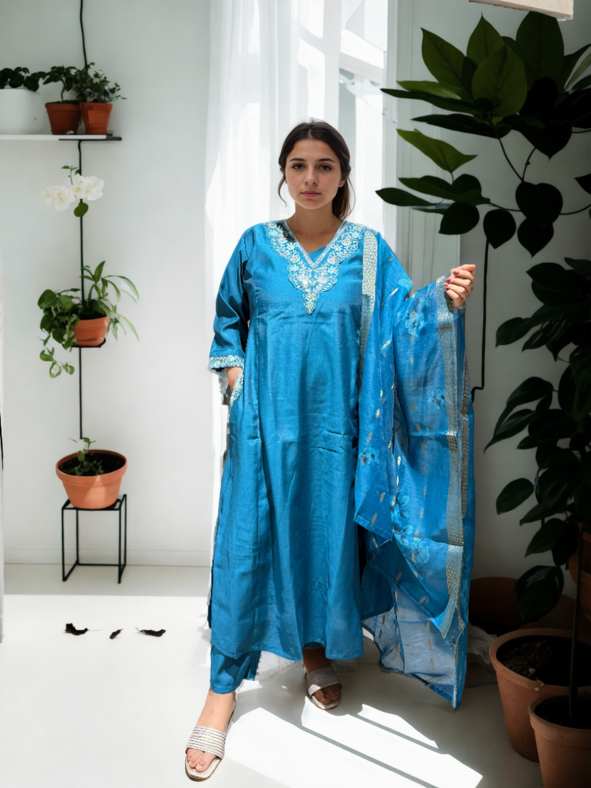 A-Line Suit Set with Chanderi Dupatta & Hand Embroidery