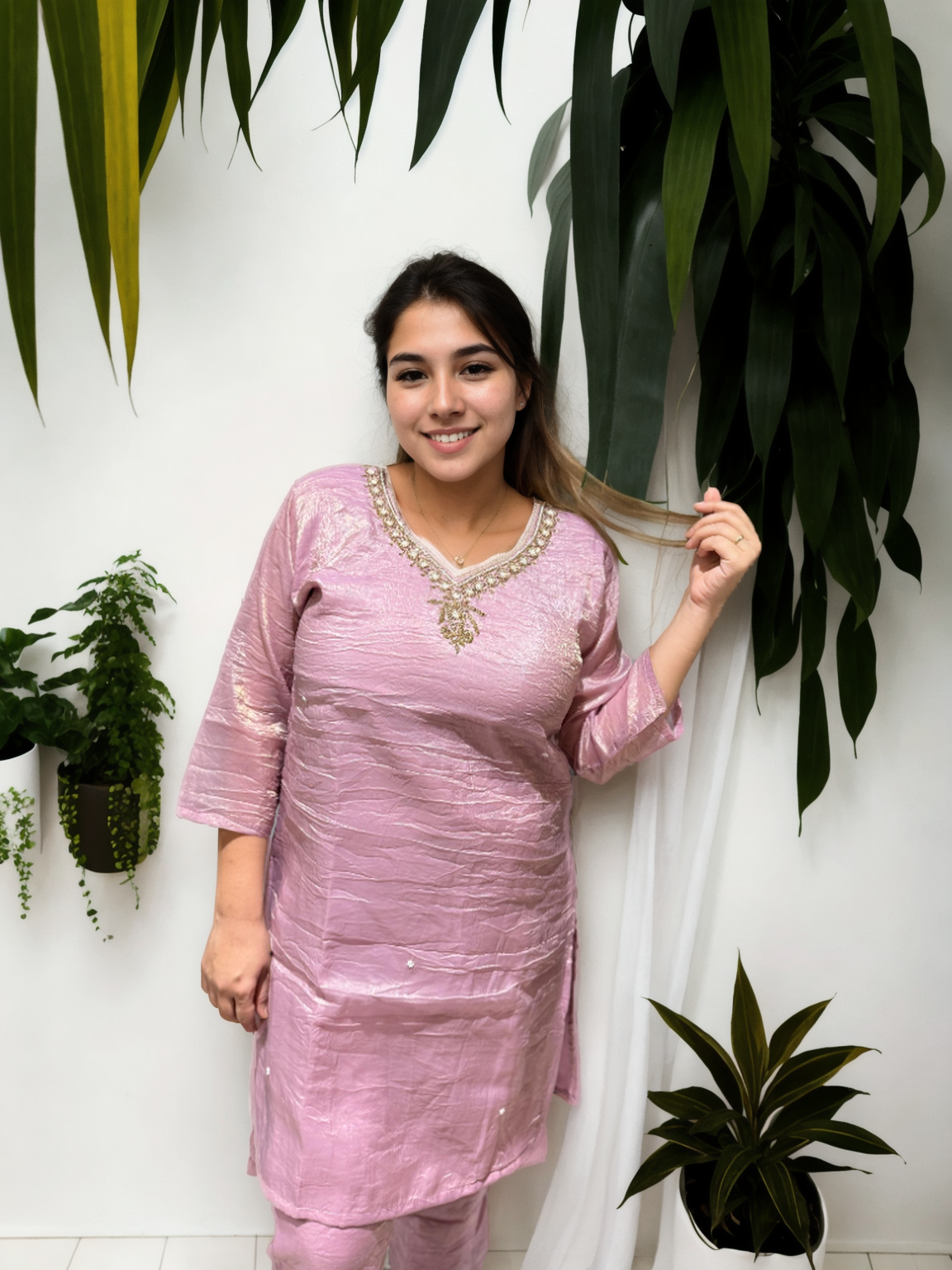 Blush Pink Crushed Fabric Coord Set with Handwork Neckline & Bootcut Pants