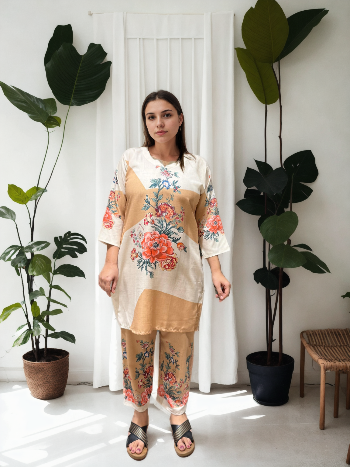 Beige & Ivory Floral Printed Cotton Coord Set