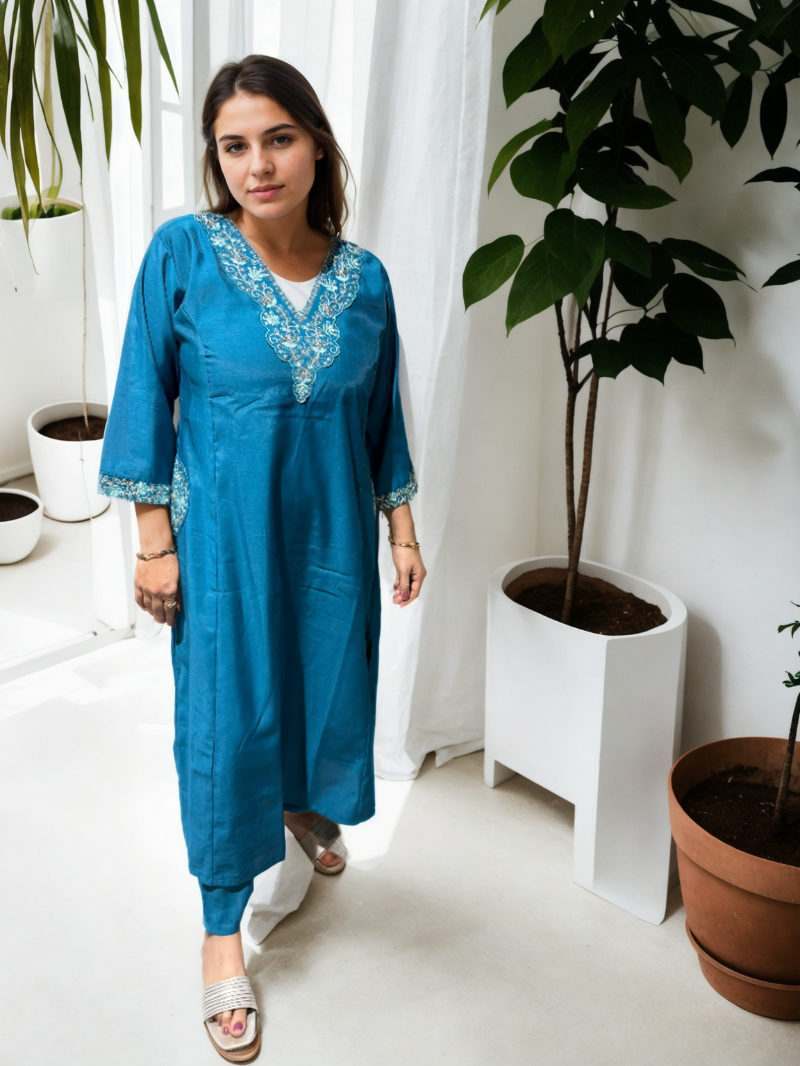 A-Line Suit Set with Chanderi Dupatta & Hand Embroidery