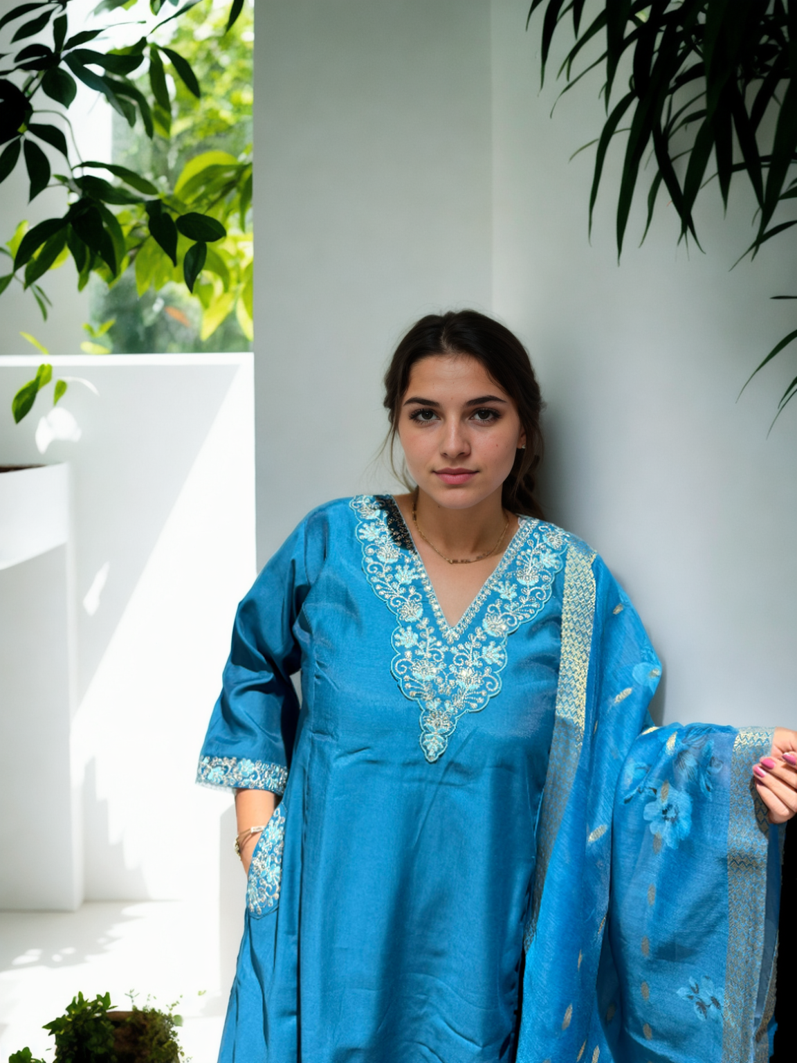A-Line Suit Set with Chanderi Dupatta & Hand Embroidery