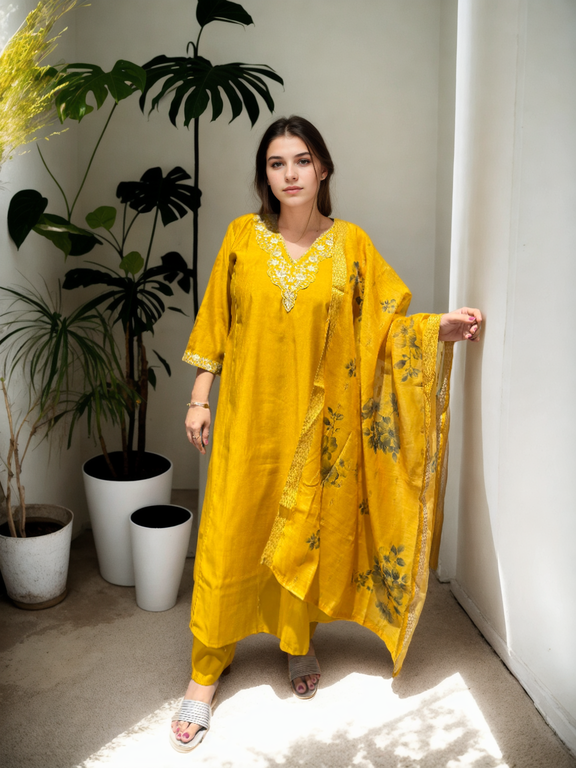 A-Line Suit Set with Chanderi Dupatta & Hand Embroidery
