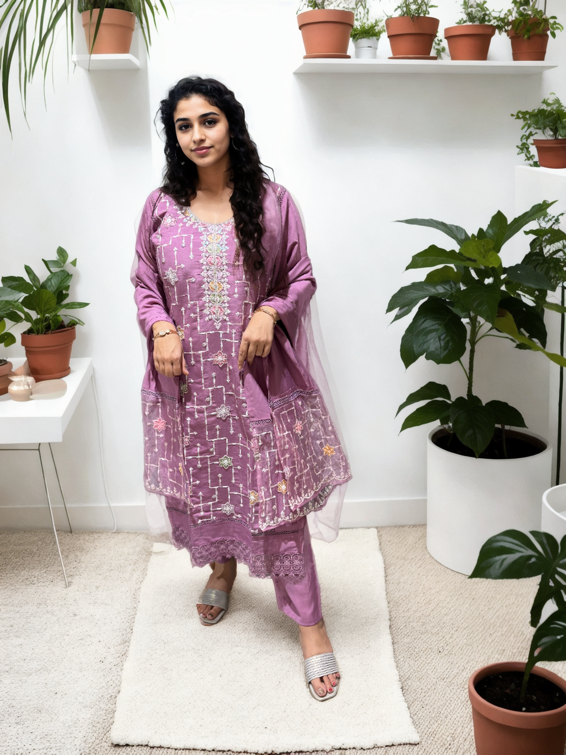 Elegant Beads Work Suit Set on Roman Silk – Available in Pink, Teal Blue & Beige