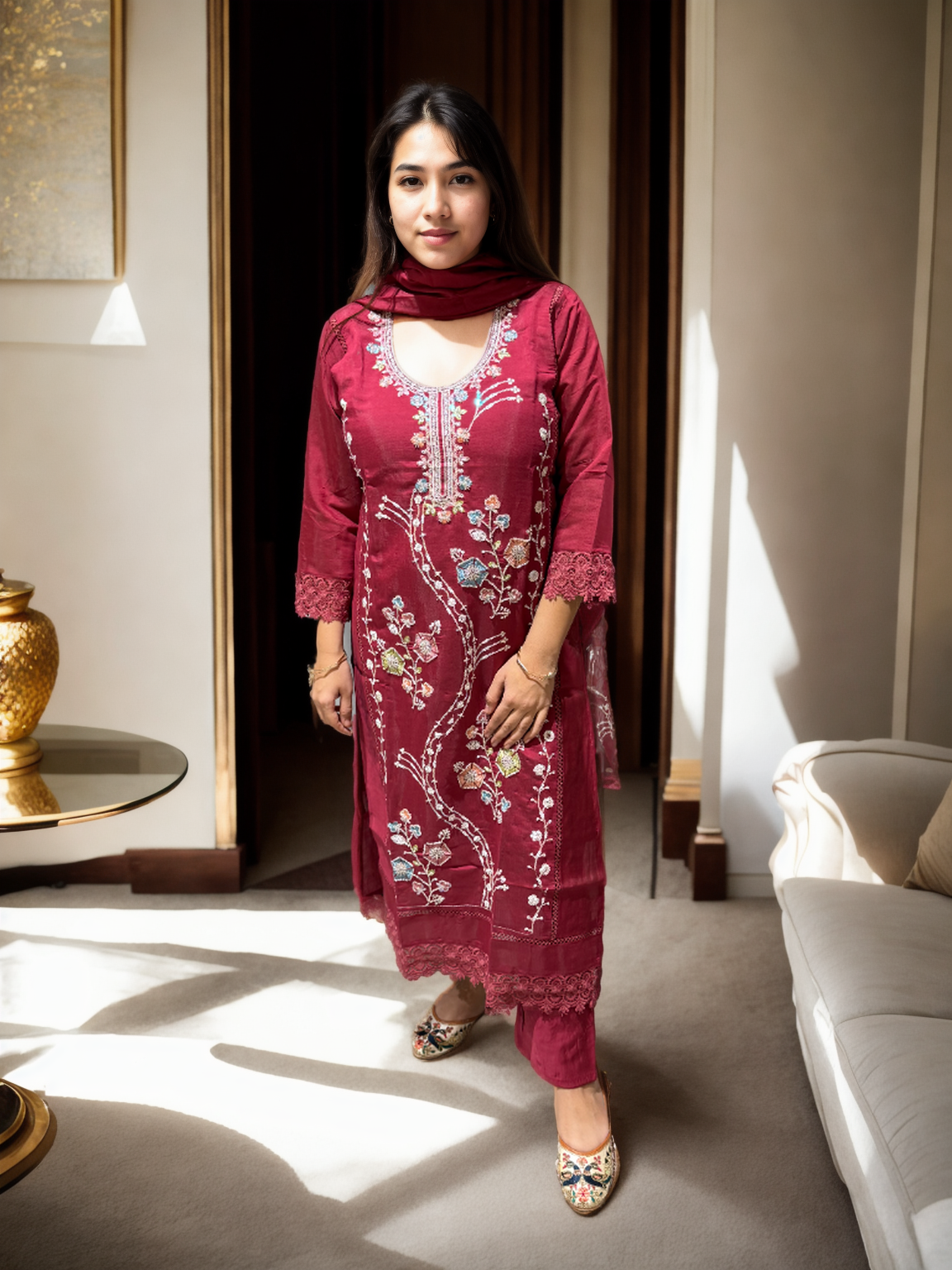 Elegant Beaded Suit Set in Roman Silk – 3 Stunning Shades