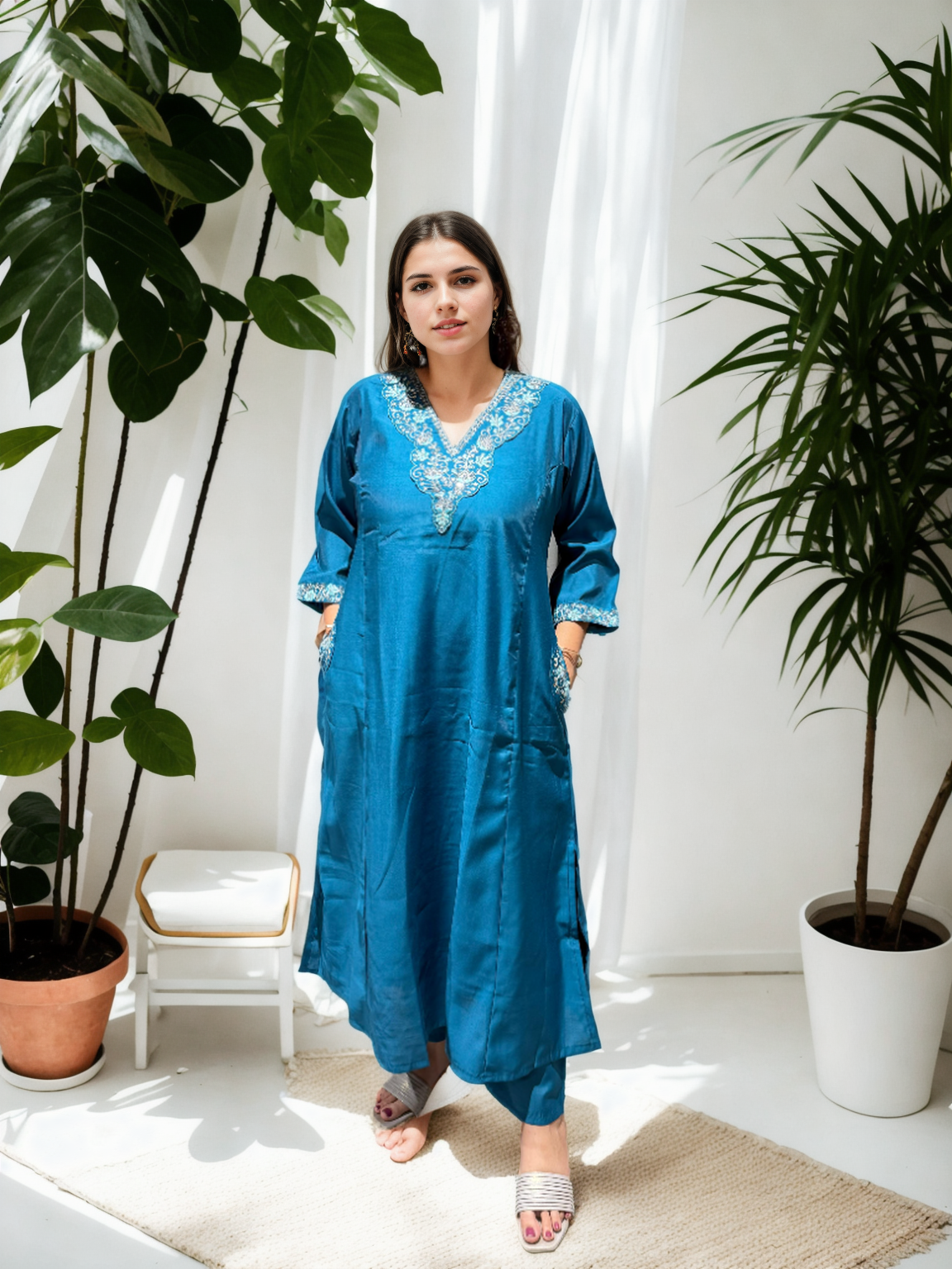 A-Line Suit Set with Chanderi Dupatta & Hand Embroidery