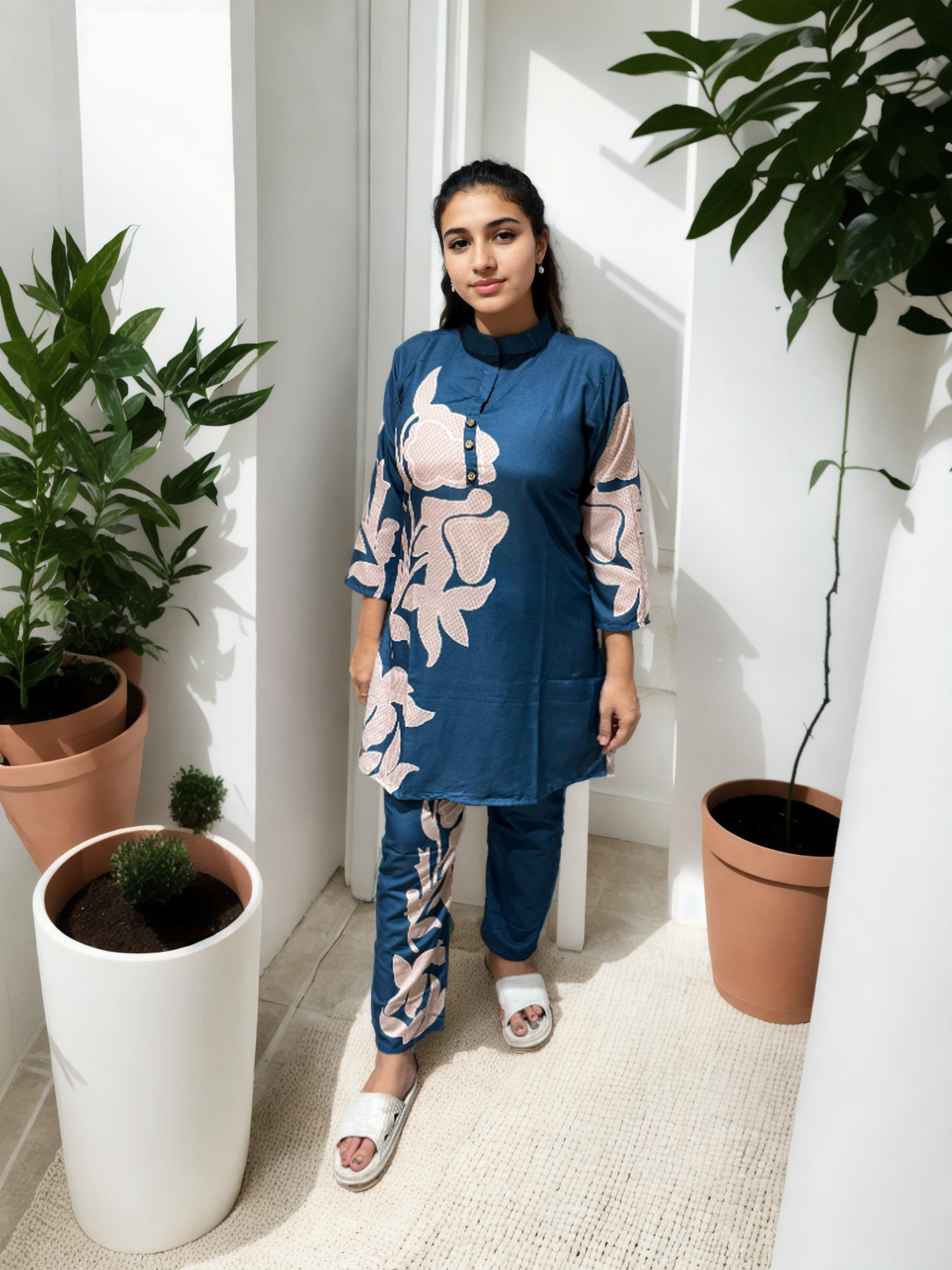 Flex Cotton Co-ord Set with Bold Leaf Print – 2 Colors