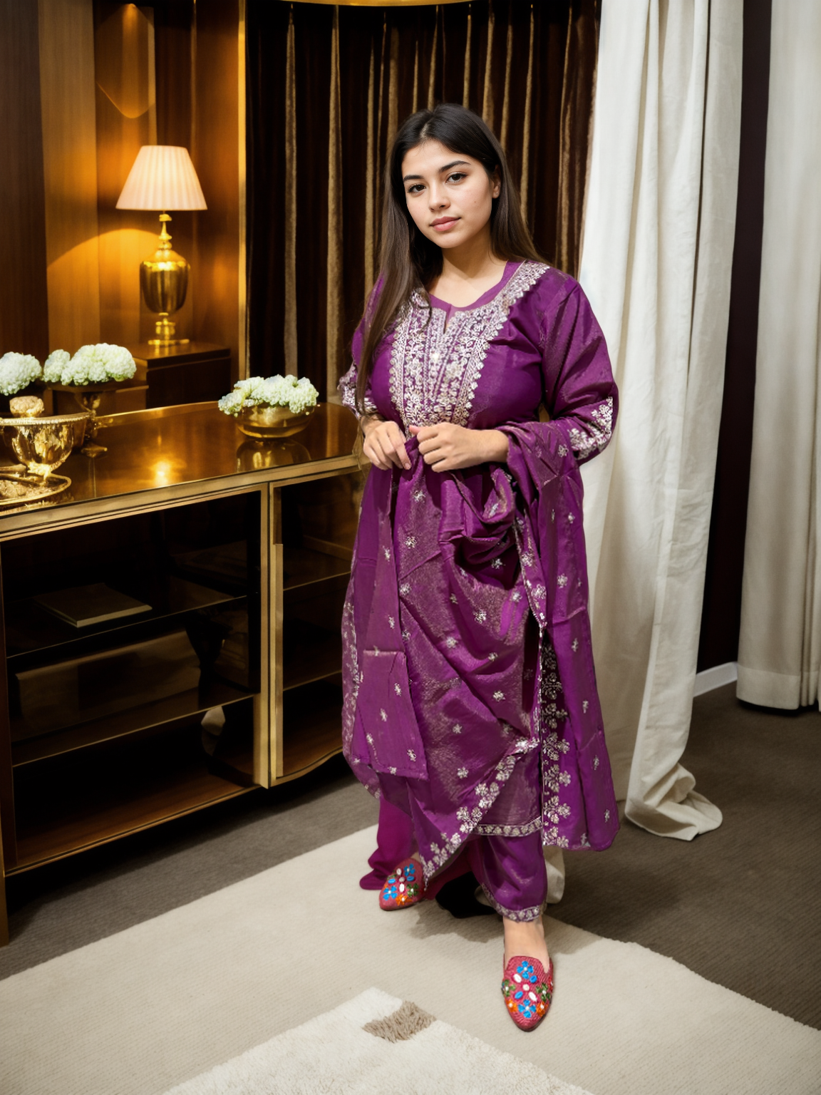 Royal Radiance Shimmer Embroidered Suit Set – 3 Colors