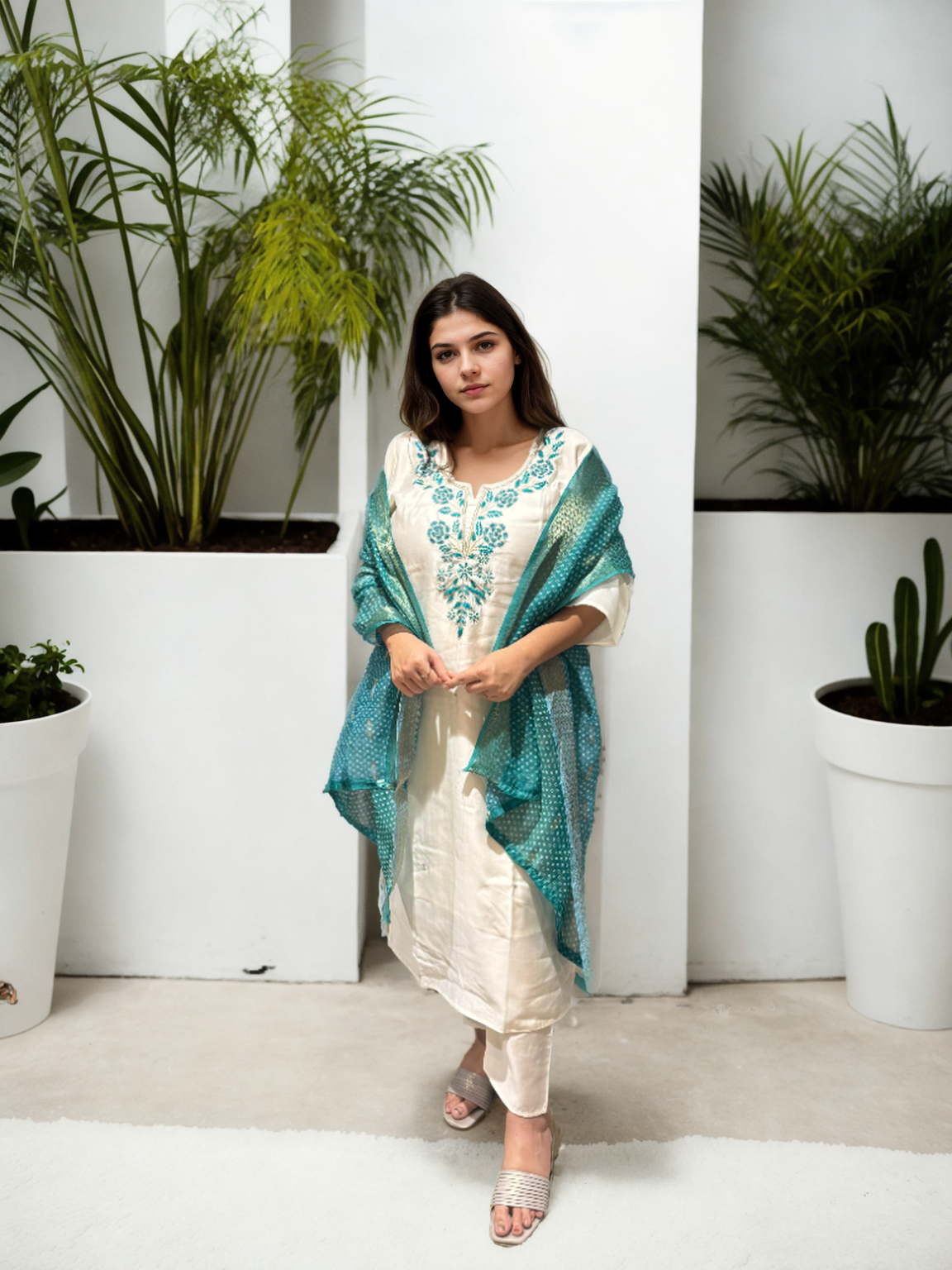 Roman Silk Handwork Suit Set with Bandhani Organza Dupatta (M to 5XL)
