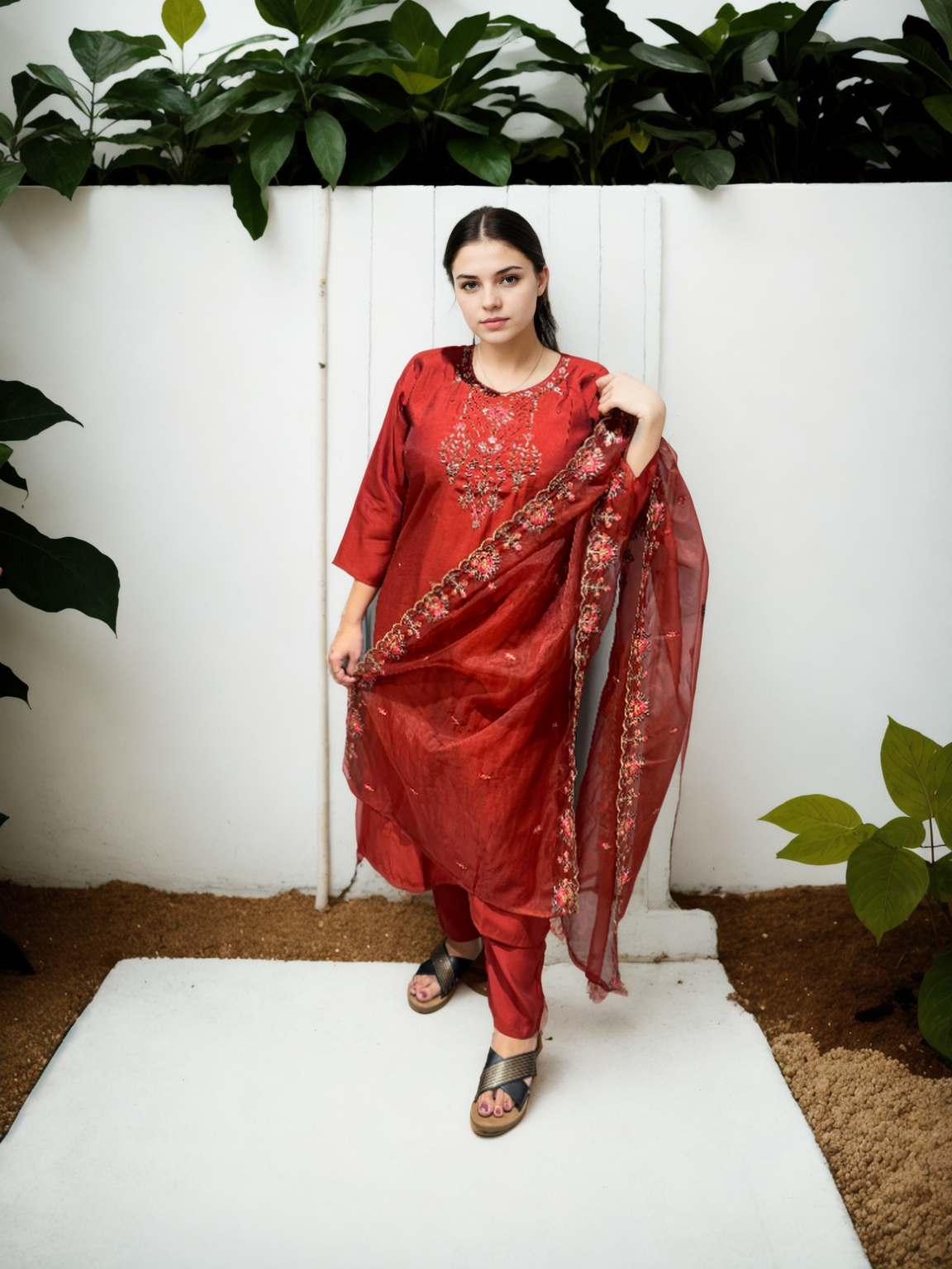 ✨ Regal Rust Red Roman Silk Suit with Handcrafted Organza Dupatta ✨