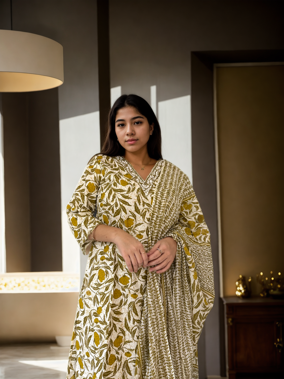 Mustard Bloom Cotton Kurti Set (3-Piece | 40*60)