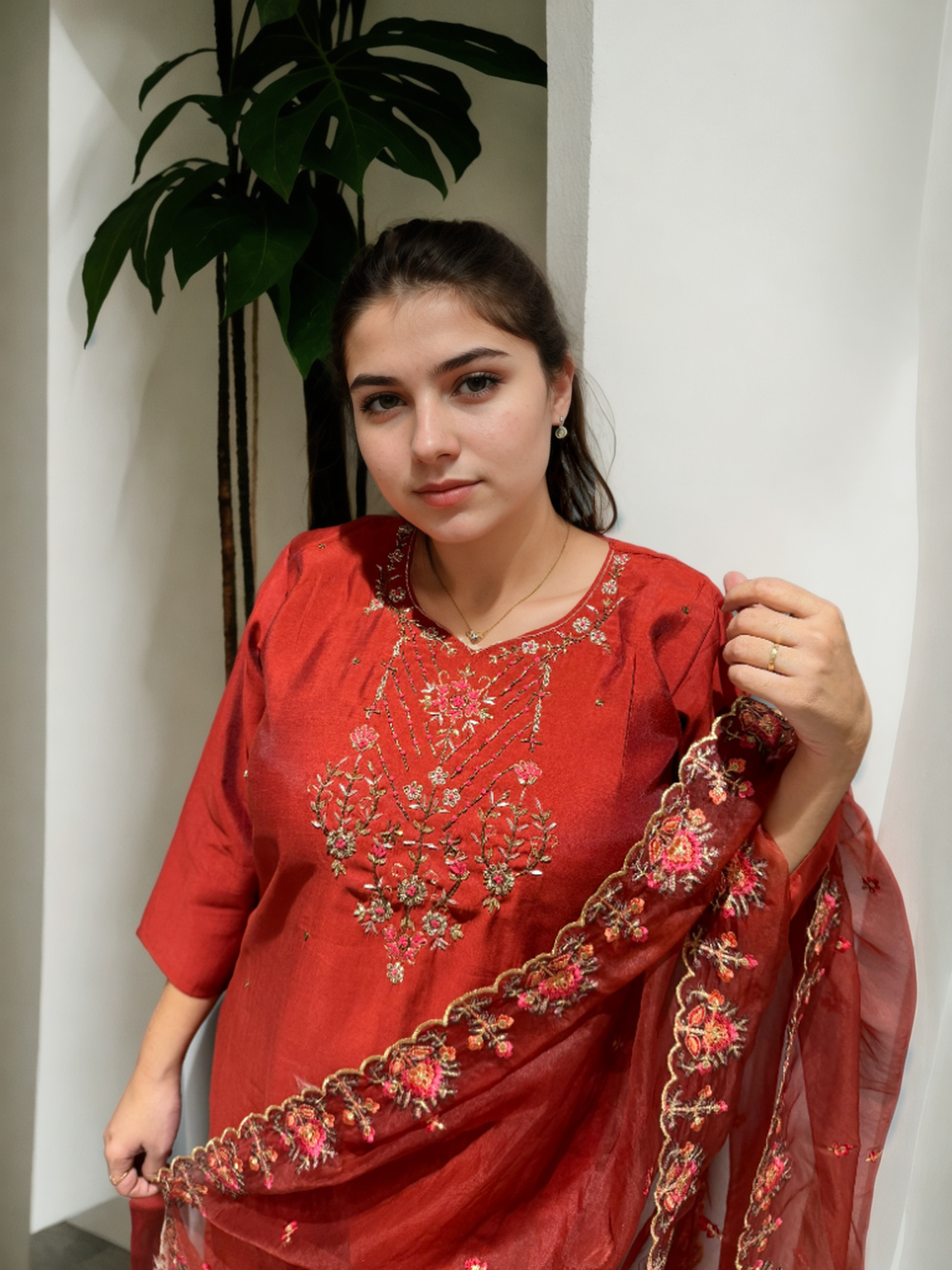 ✨ Regal Rust Red Roman Silk Suit with Handcrafted Organza Dupatta ✨