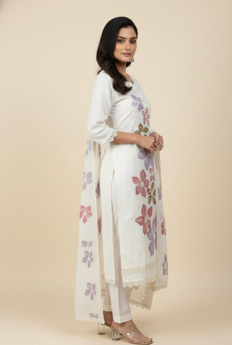 Ivory Mul Chanderi Suit Set with Hand-Embroidered Floral Dupatta 🌸