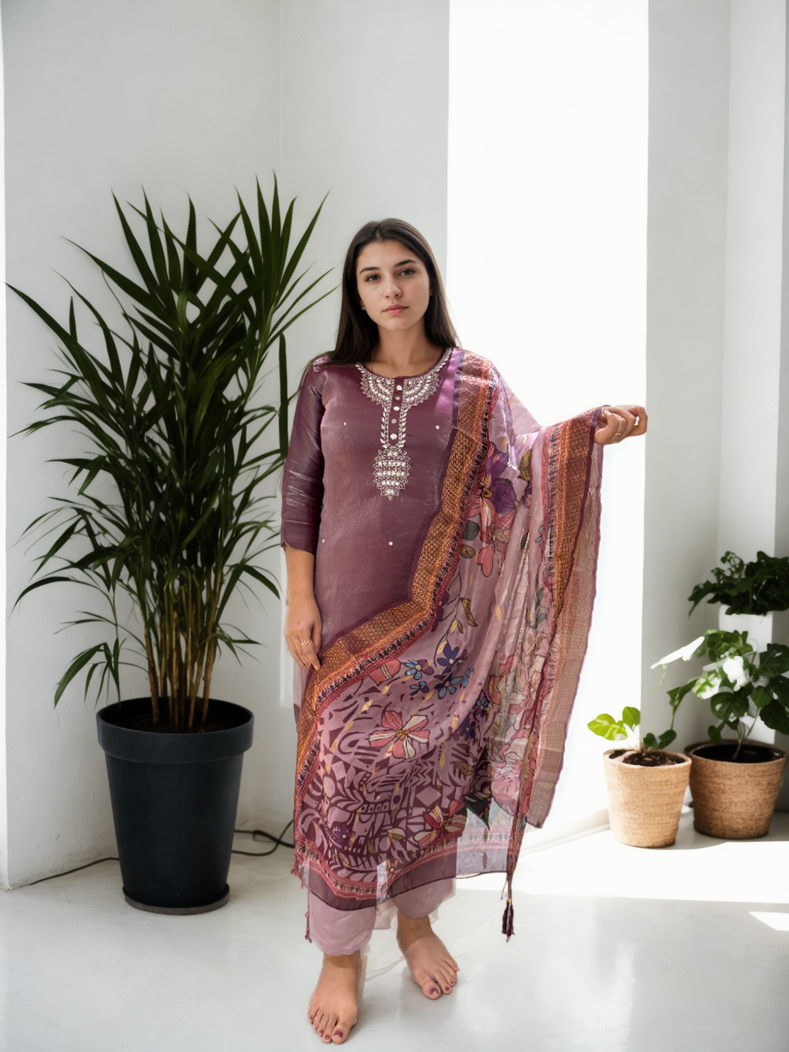 Royal Radiance: Mirror-Work Suit with Floral Digital Dupatta