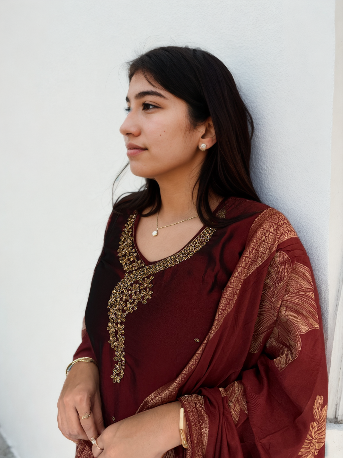 Wine Rangila Silk Suit with Intricate Handwork & Foil Print Dupatta