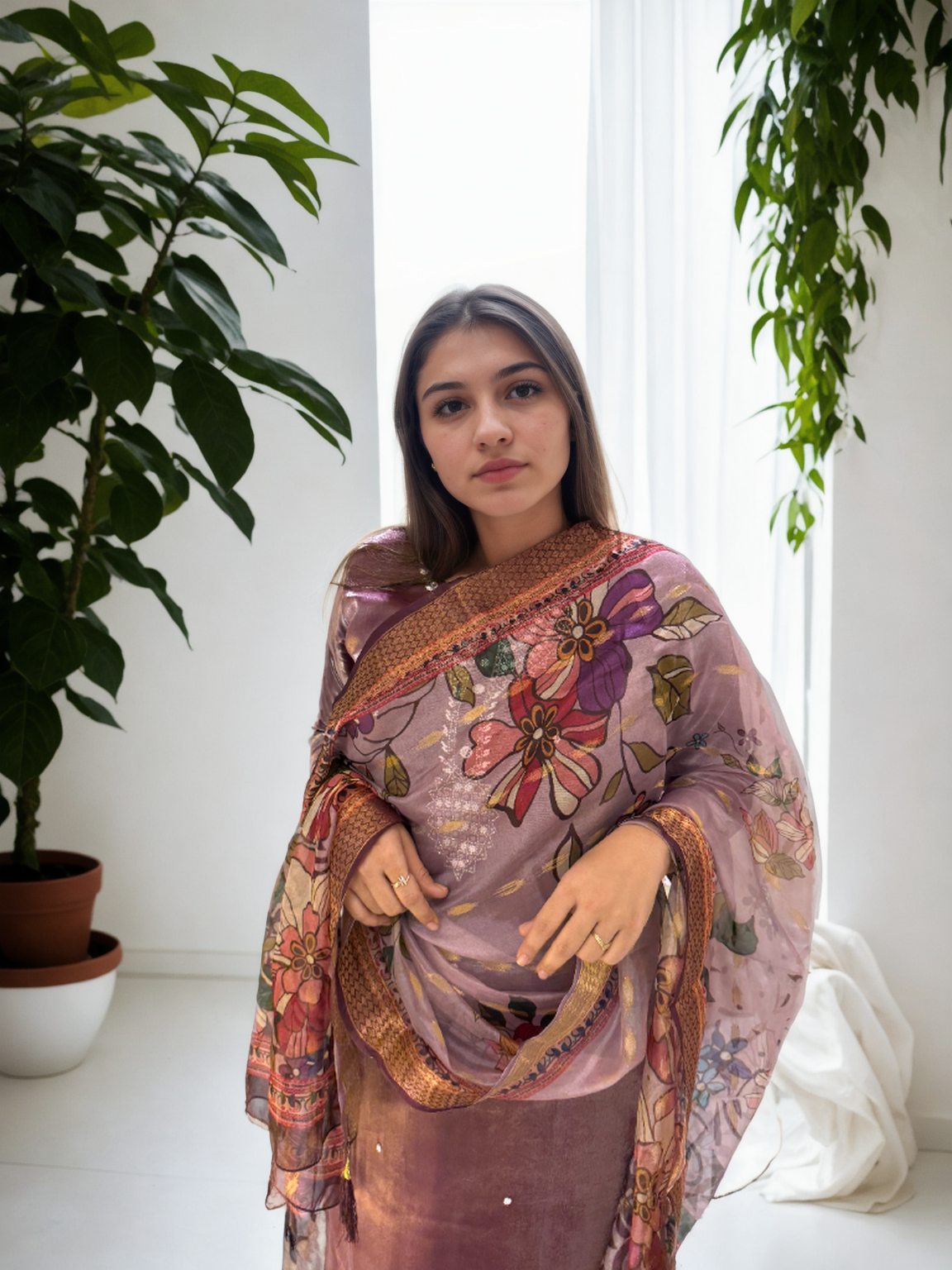 Royal Radiance: Mirror-Work Suit with Floral Digital Dupatta