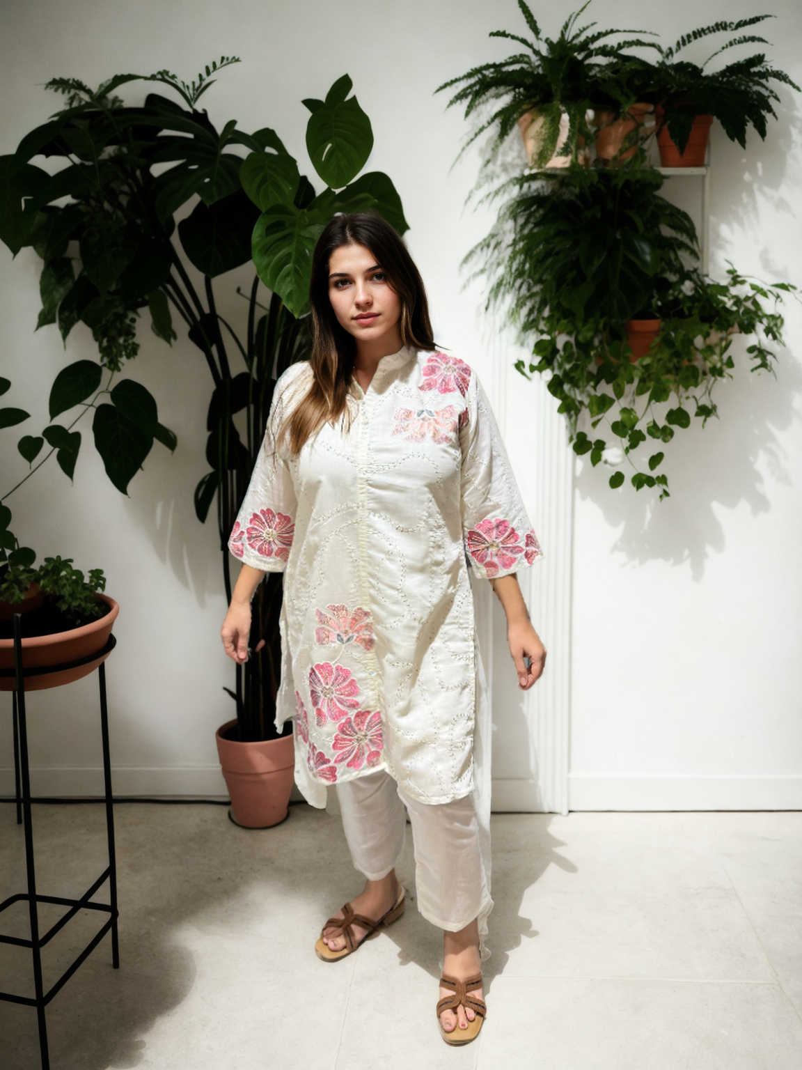 Chikan-Inspired Kurta Set with Bold Floral Appliqué