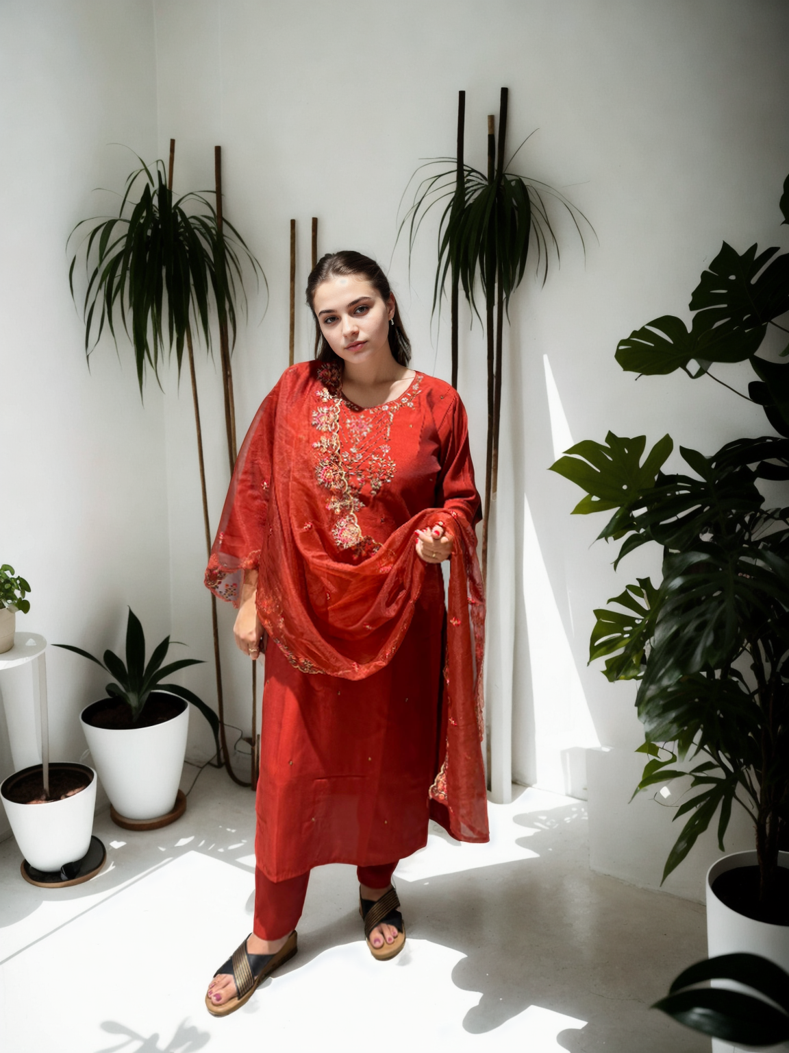 ✨ Regal Rust Red Roman Silk Suit with Handcrafted Organza Dupatta ✨