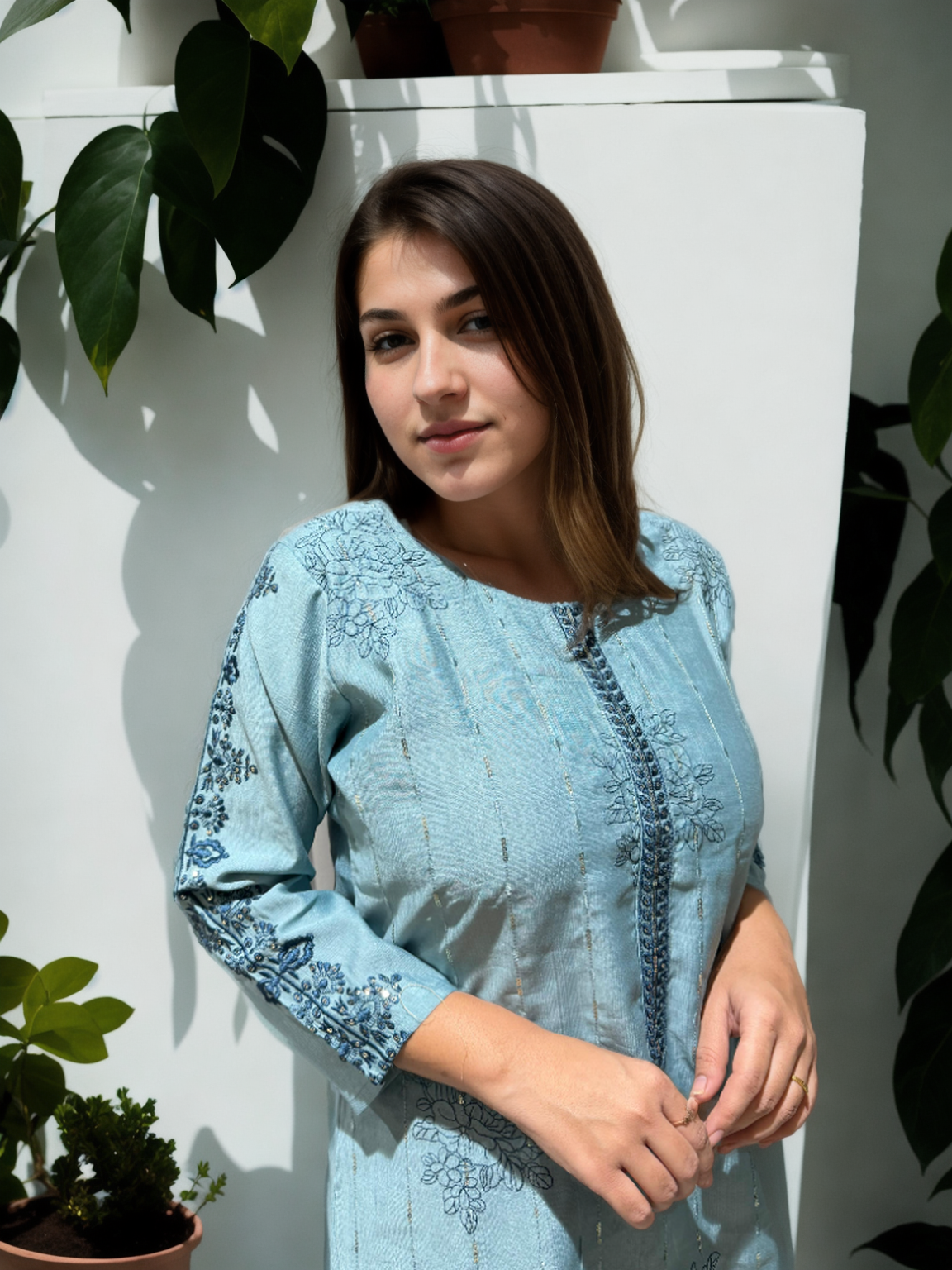 Berlin silk Blue Embroidered Coord Set