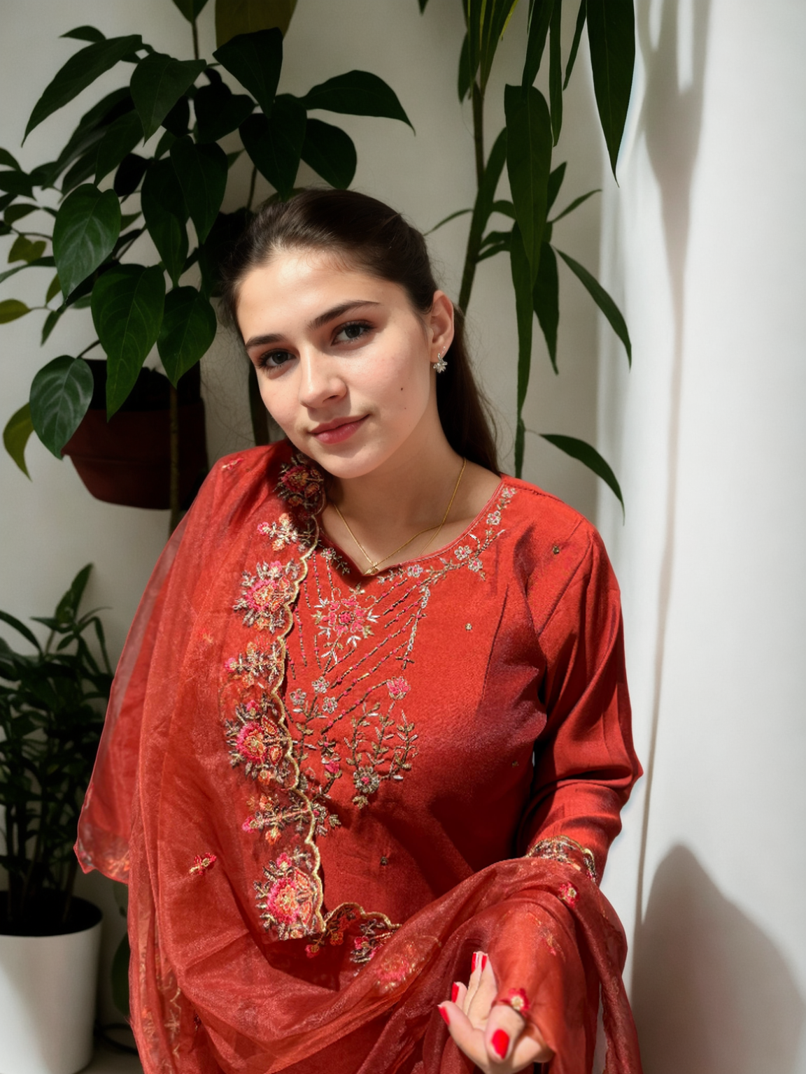 ✨ Regal Rust Red Roman Silk Suit with Handcrafted Organza Dupatta ✨