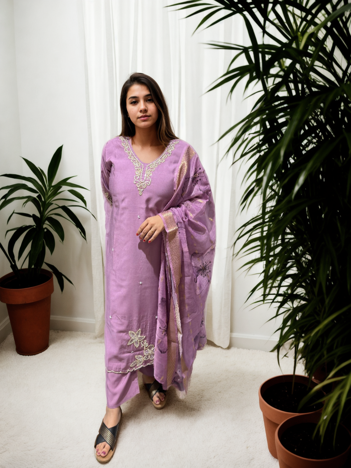 Pure Pearl Handwork Roman Silk Suit Set with Chanderi Dupatta (M-5xl)