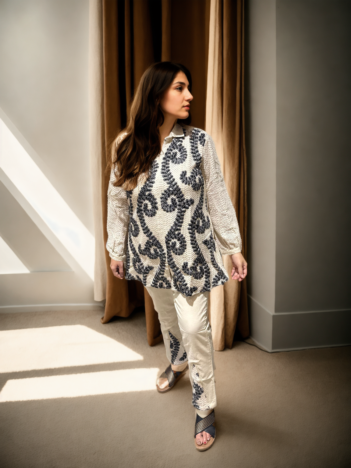 Ivory Khadi Swirl Embroidered Set |  Signature Collection