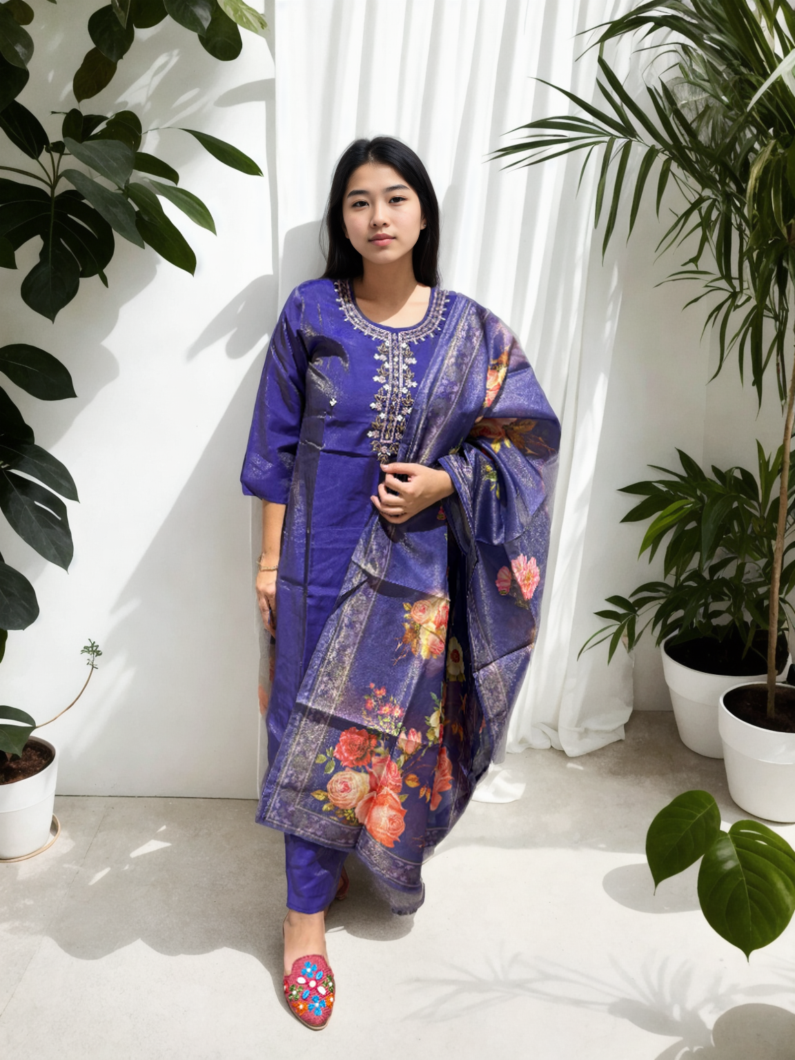 Shimmer Suit Set with Handwork & Floral Muslin Dupatta – Festive Glow