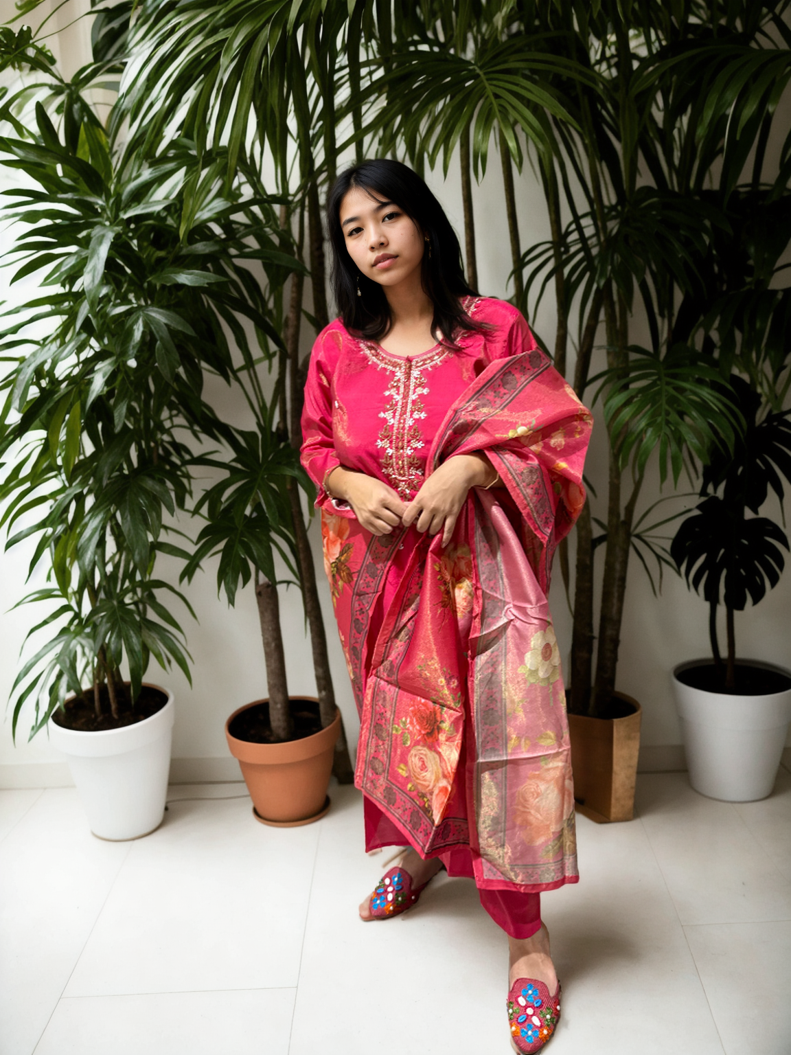 Shimmer Suit Set with Handwork & Floral Muslin Dupatta – Festive Glow
