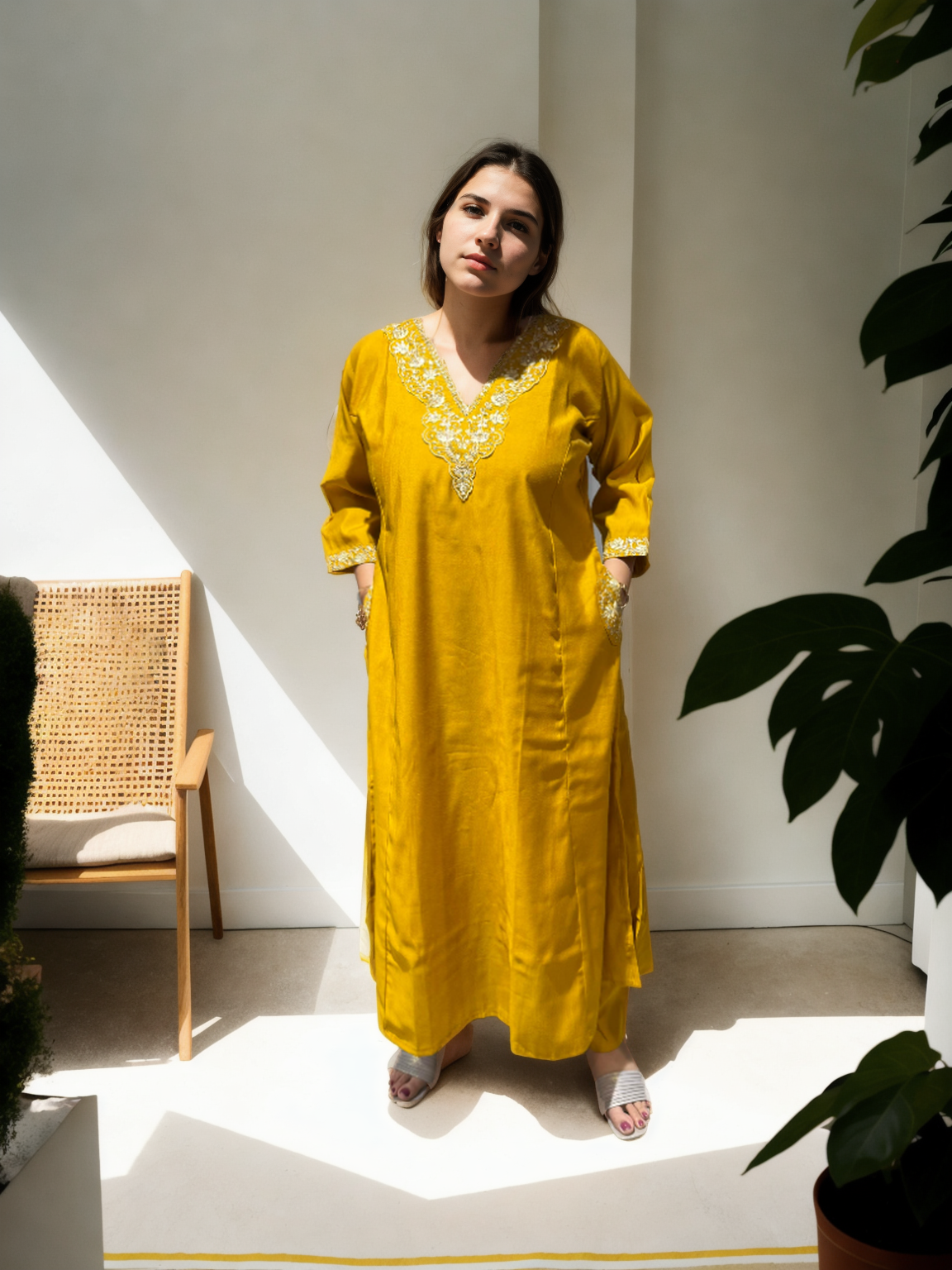 A-Line Suit Set with Chanderi Dupatta & Hand Embroidery