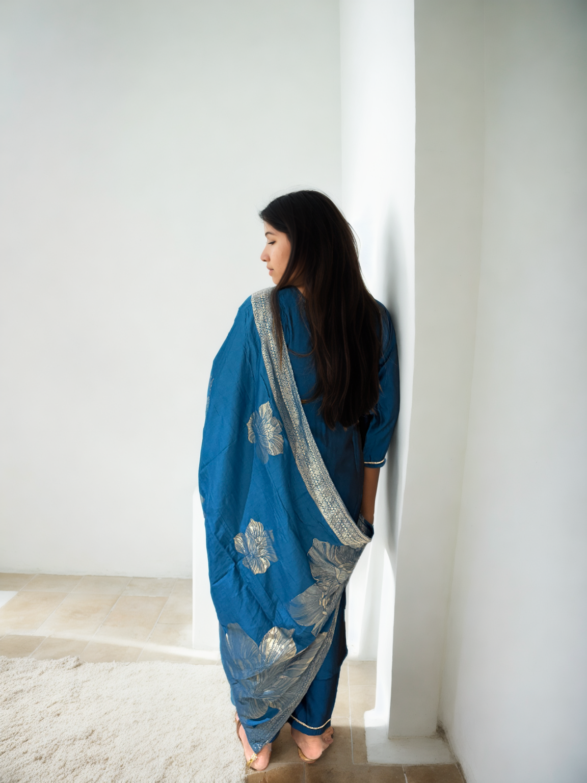 Peacock Blue Rangila Silk Suit with Hand Embroidery & Foil Muslin Dupatta