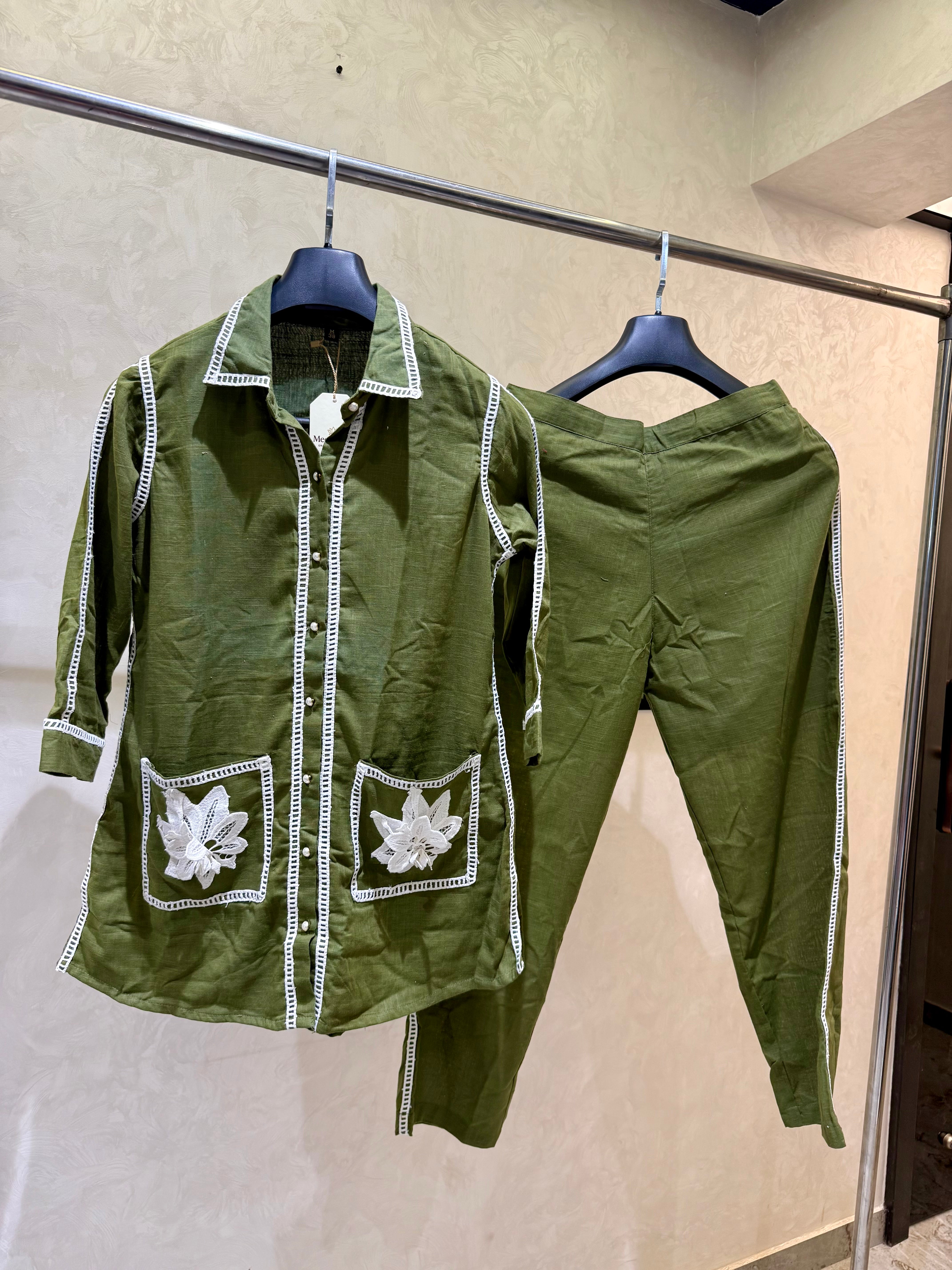 The Olive Aura: Handcrafted Khadi Cotton Co-ord Set with Lace Detailing