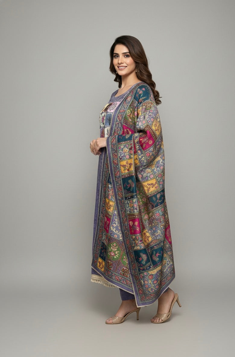 Signature Collection – Violet Jacquard Kurti Set with Digital Embroidery & Silk Dupatta