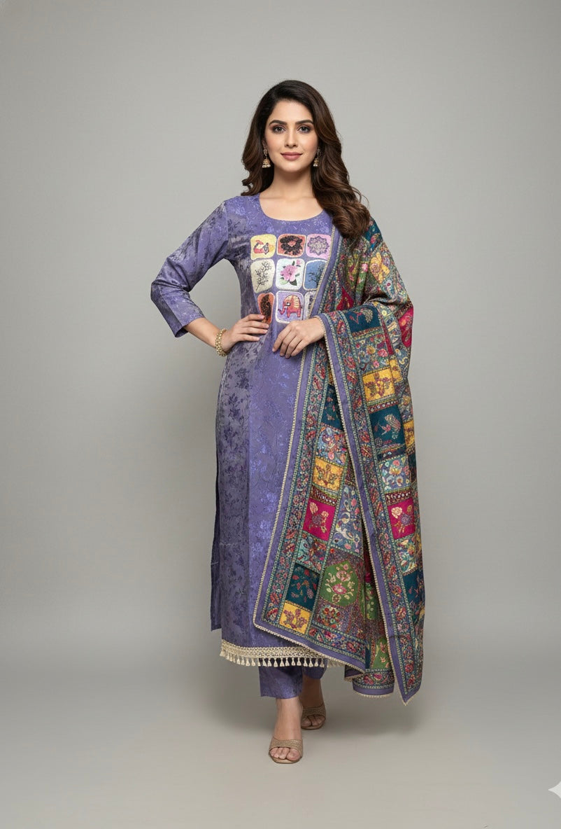 Signature Collection – Violet Jacquard Kurti Set with Digital Embroidery & Silk Dupatta