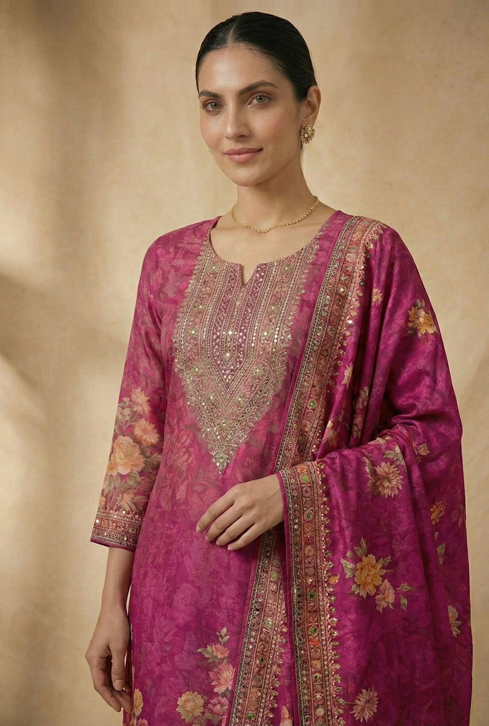 The Royal Magenta: Premium Chinon Floral Suit Set with Handwork