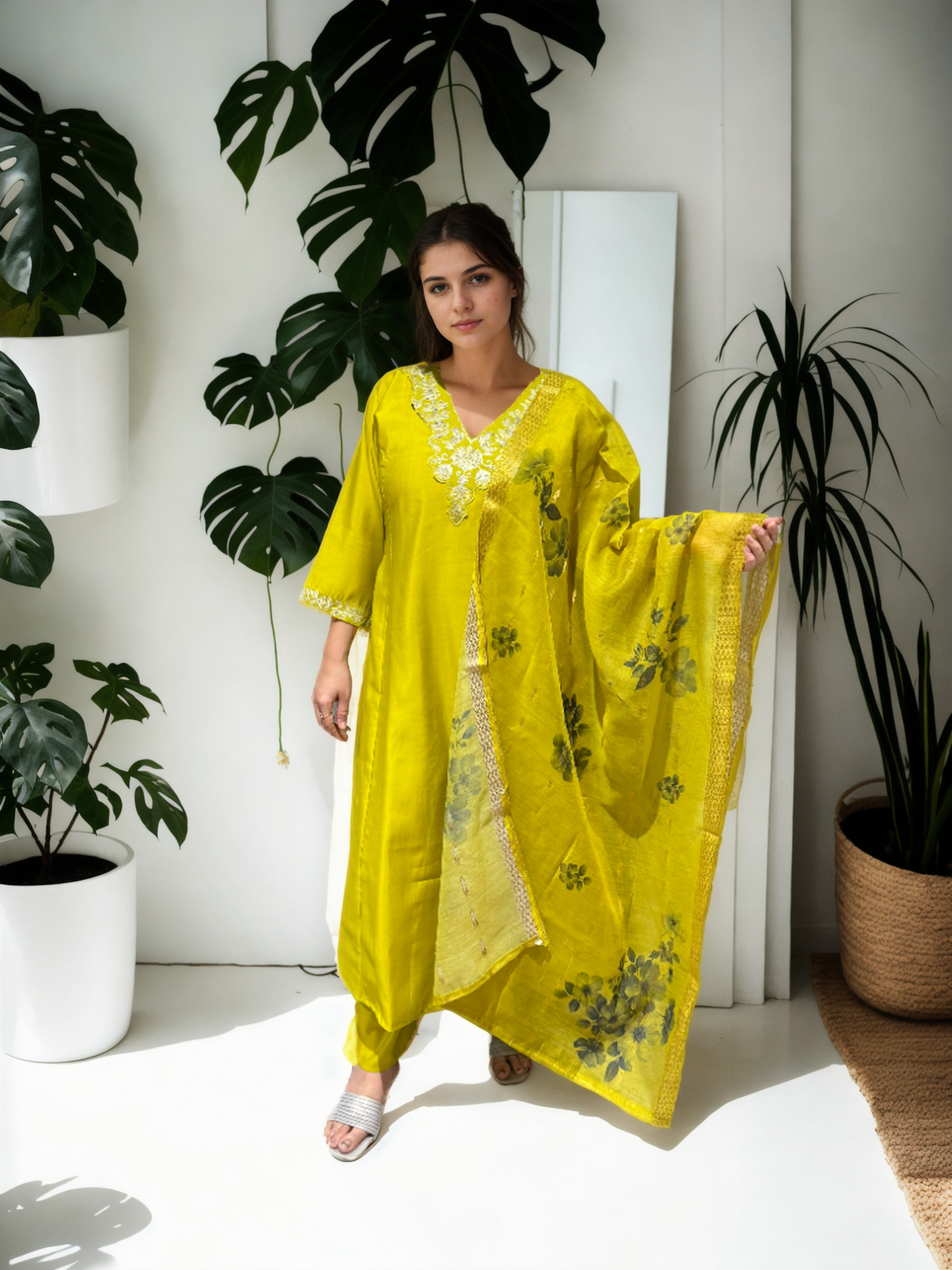 A-Line Suit Set with Chanderi Dupatta & Hand Embroidery