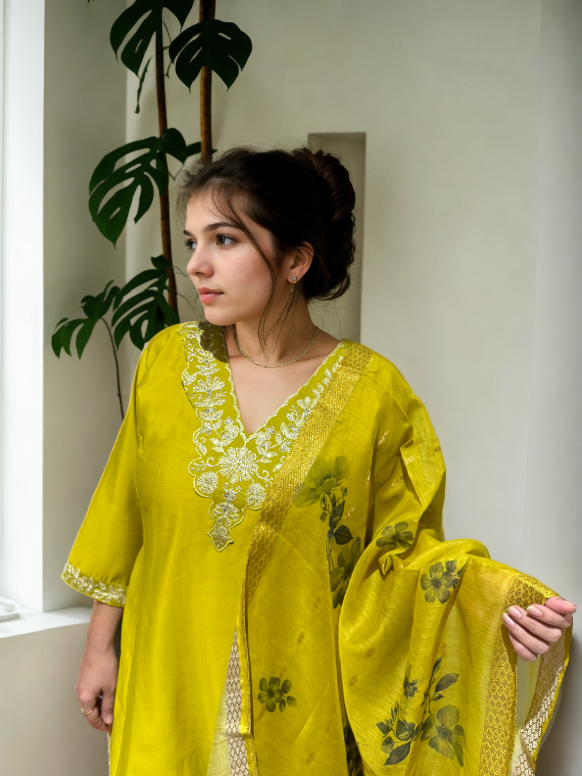 A-Line Suit Set with Chanderi Dupatta & Hand Embroidery