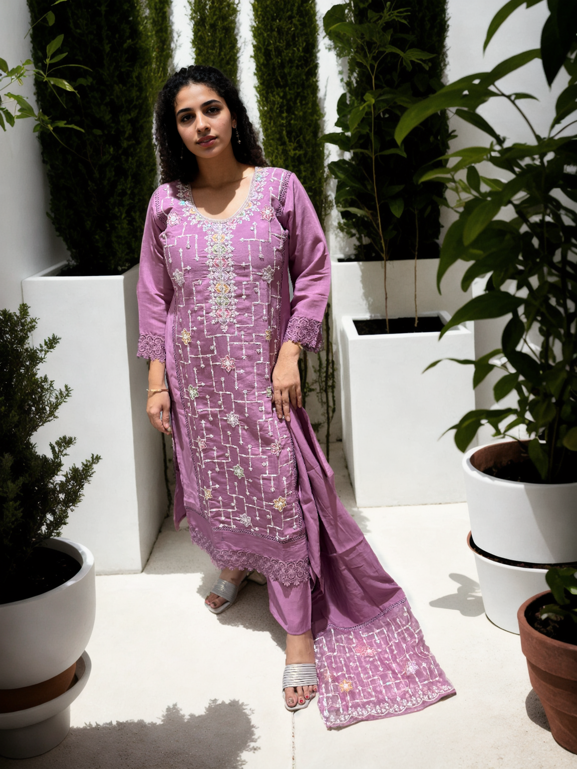Elegant Beads Work Suit Set on Roman Silk – Available in Pink, Teal Blue & Beige