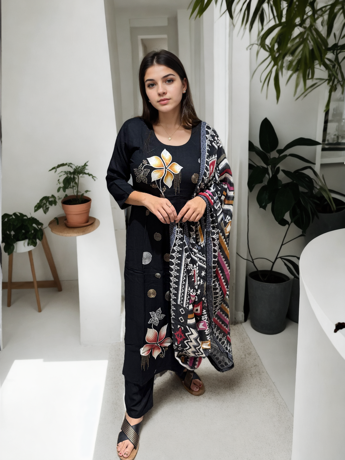 Midnight Bloom Cotton Suit Set with Digital Embroidery | Signature Collection