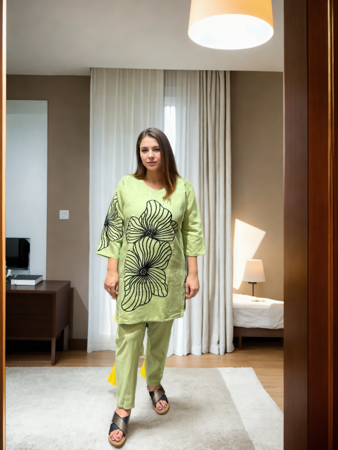 Roman Silk Coord Set with Black Floral Embroidery & American Cotton Inner