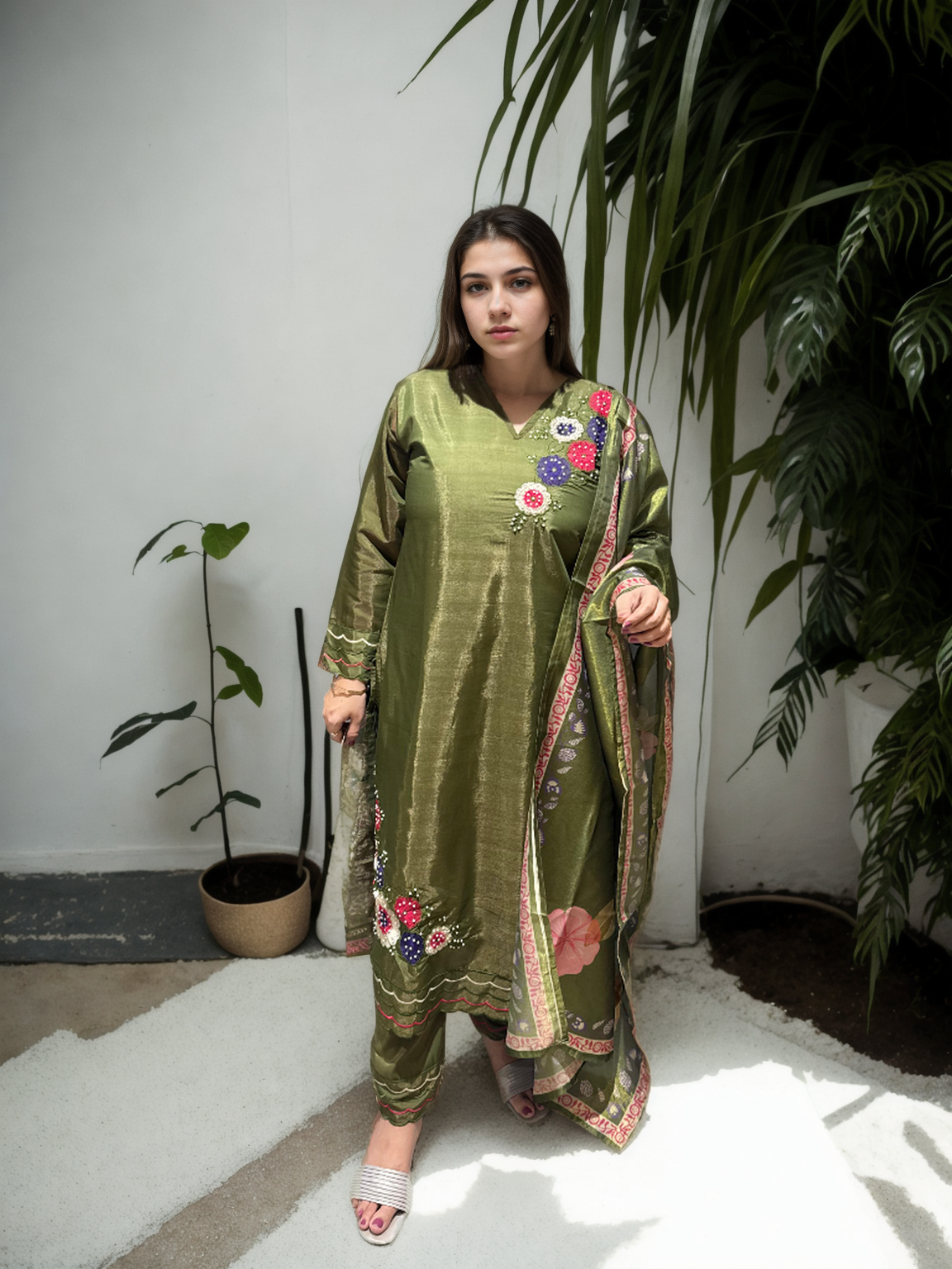 🌟 Shimmer Silk Suit with Digital Dupatta, Embroidery & Pearl Handwork – 3 Colors 🌟