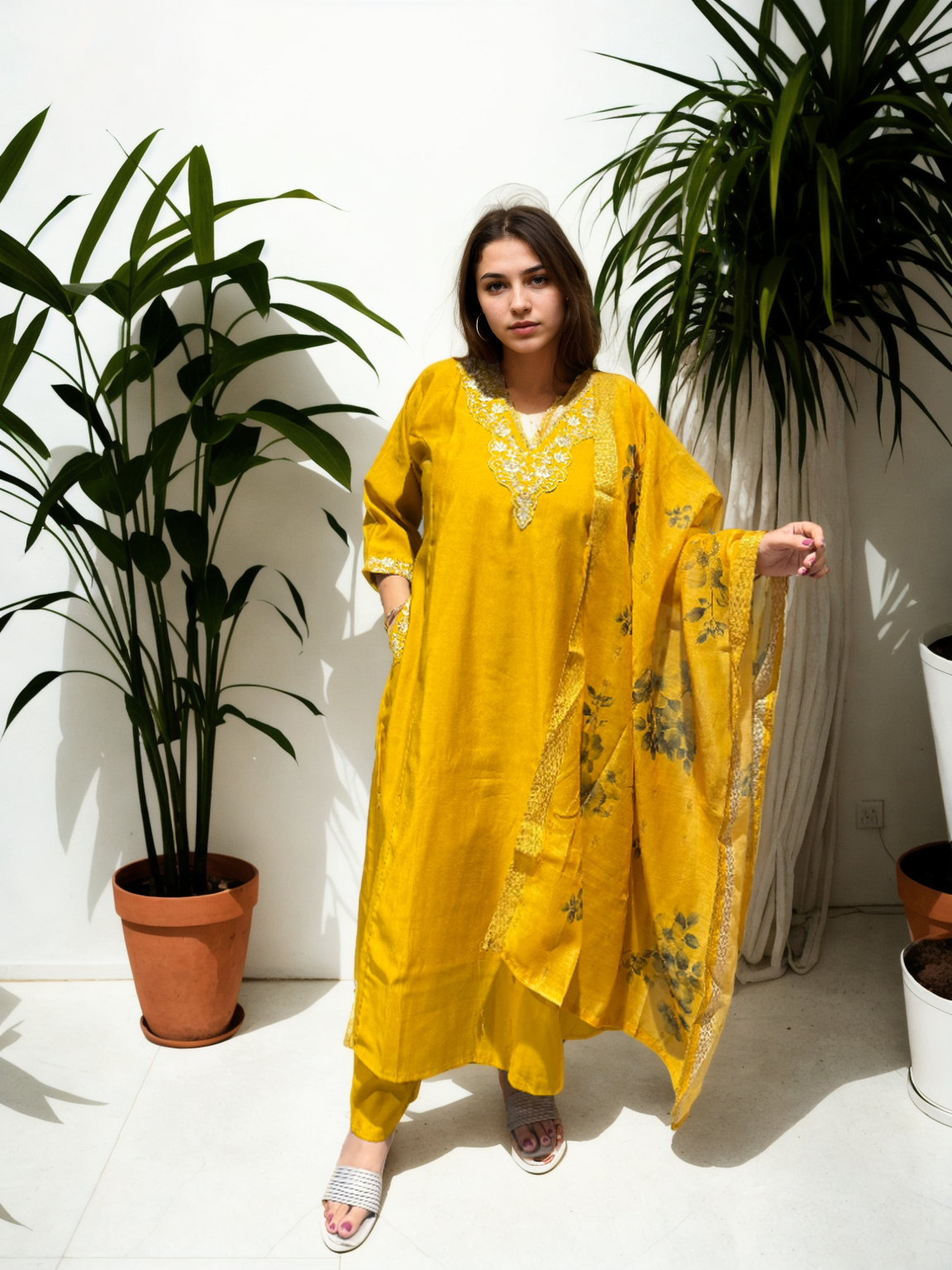 A-Line Suit Set with Chanderi Dupatta & Hand Embroidery
